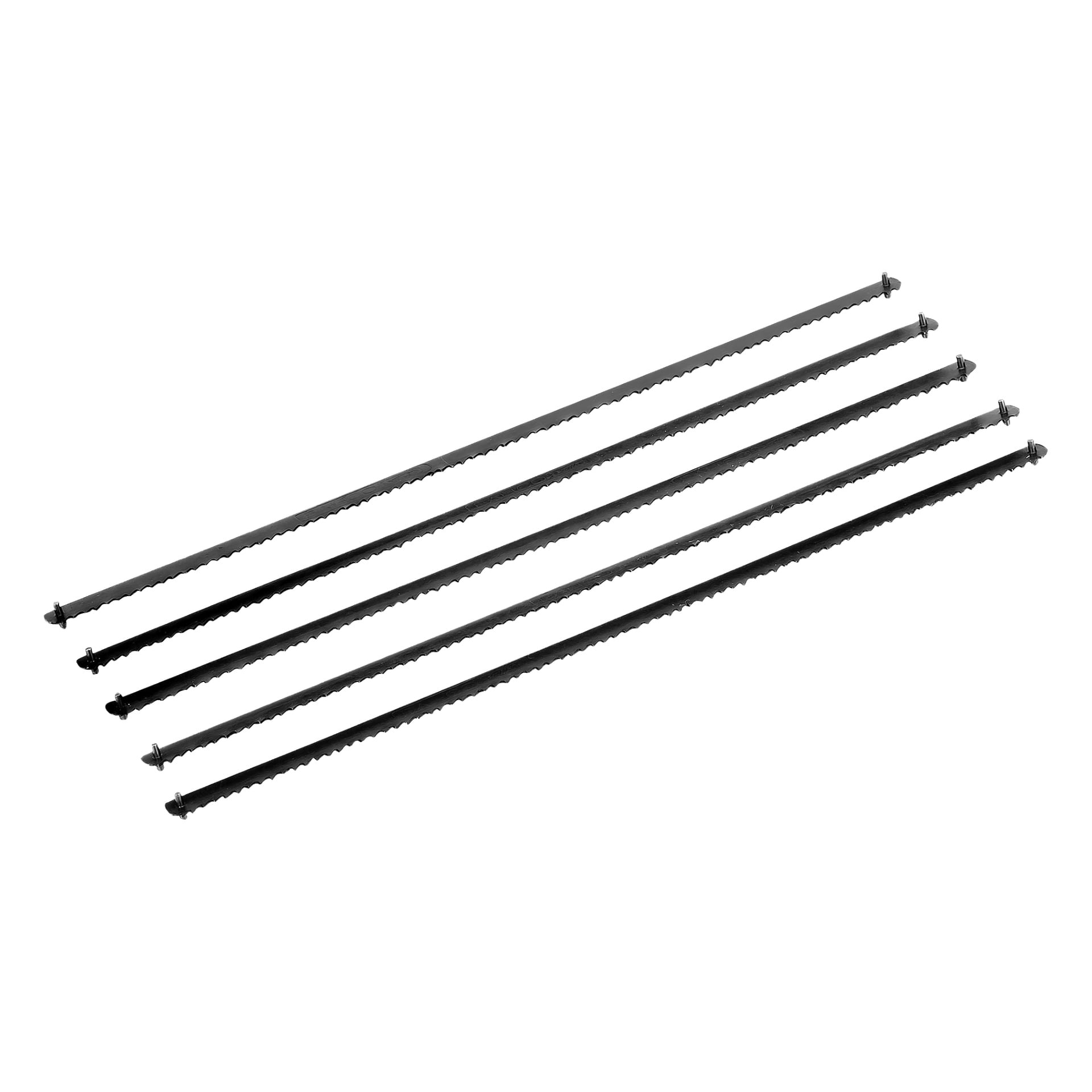 Fem Bahco svartmetall-reciprokaterande sågblad med tandade kanter är diagonalt placerade parallellt, med monteringshål i båda ändar. Paketet innehåller fem blad.