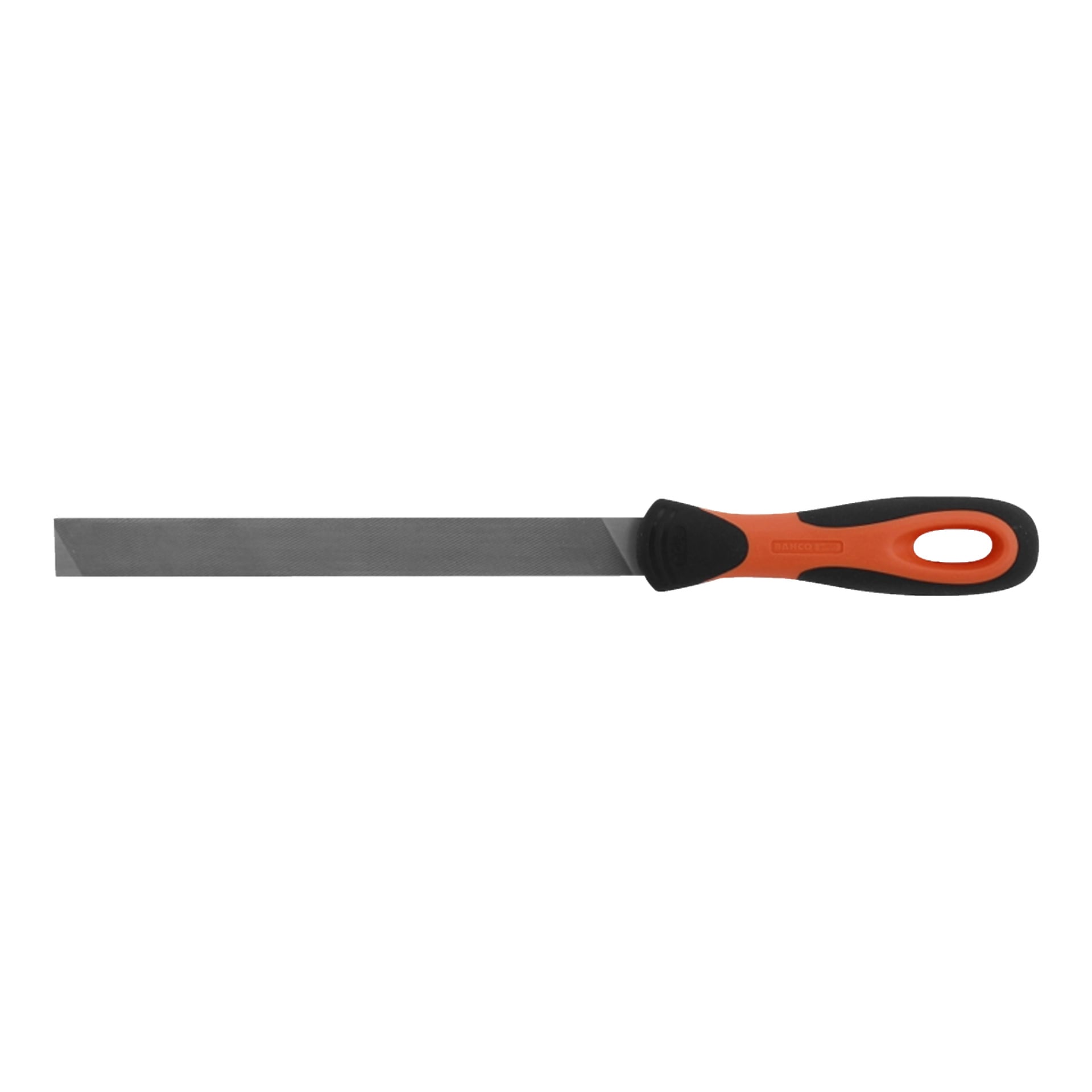 En Bahco-sågfil med ett strukturerat blad och ett ergonomiskt svart och orange handtag, visat i horisontellt läge.