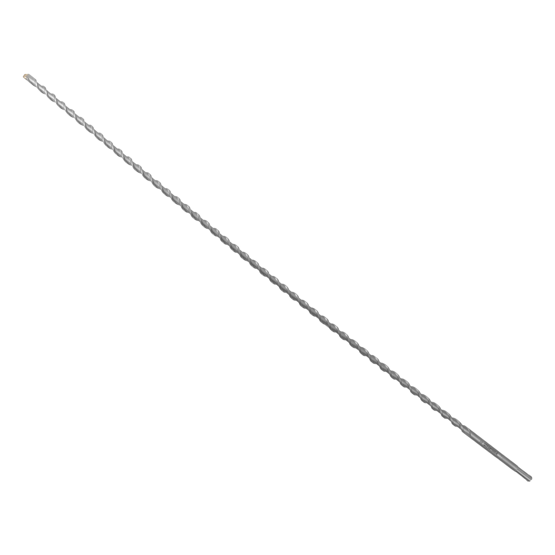 En lång, silverfärgad betongborr från Meec Tools är placerad diagonalt. Den har ett spiralformat vridmönster längs skaftet, en vass spetsig spets och en skaftände designad för att passa i en borrmaskin.