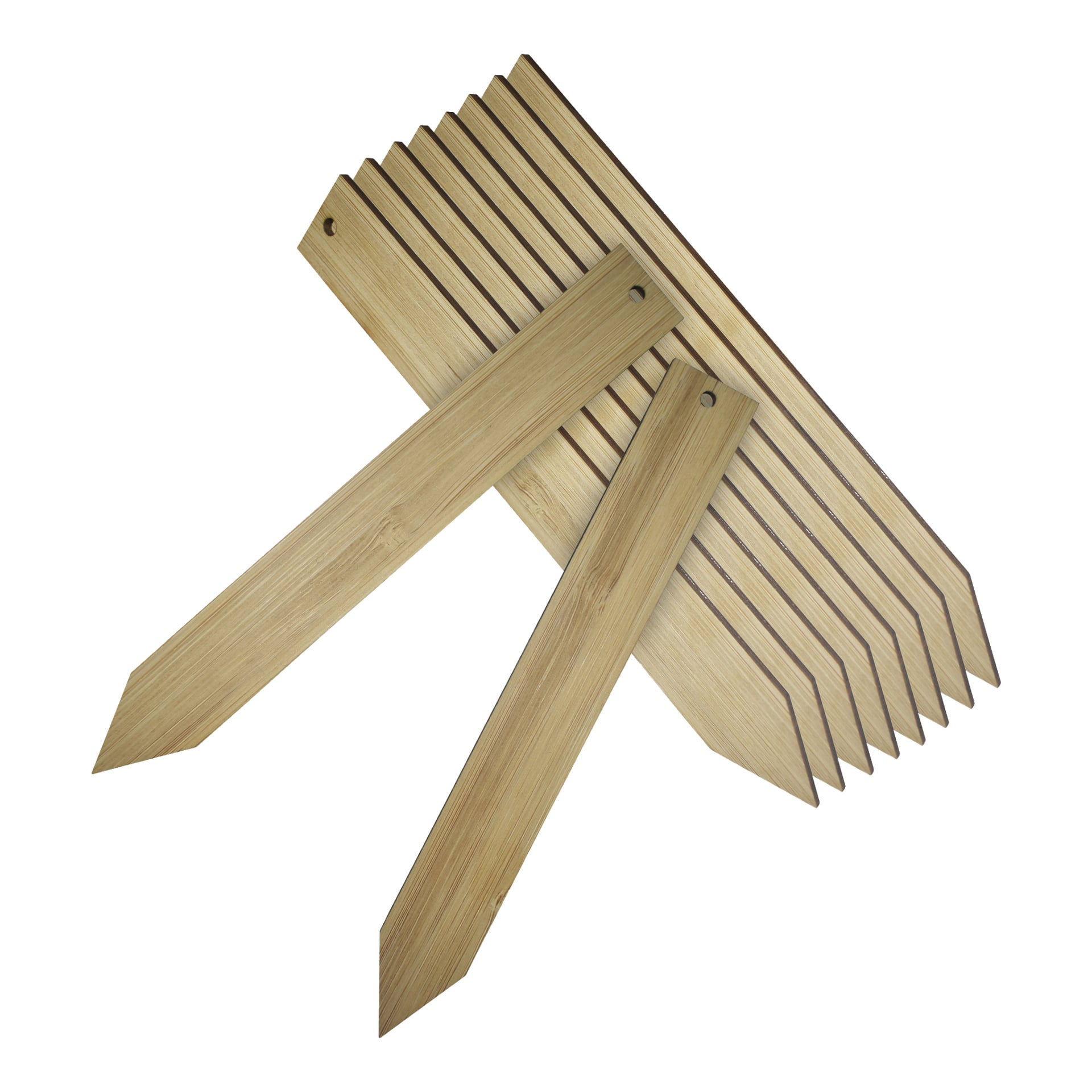 Ett paket med 10 Hard Head Plant-etiketter gjorda av platt, rektangulärt trä med ena änden spetsig och ett hål på ena sidan, utspridda i en hög med två pennor placerade diagonalt ovanpå.