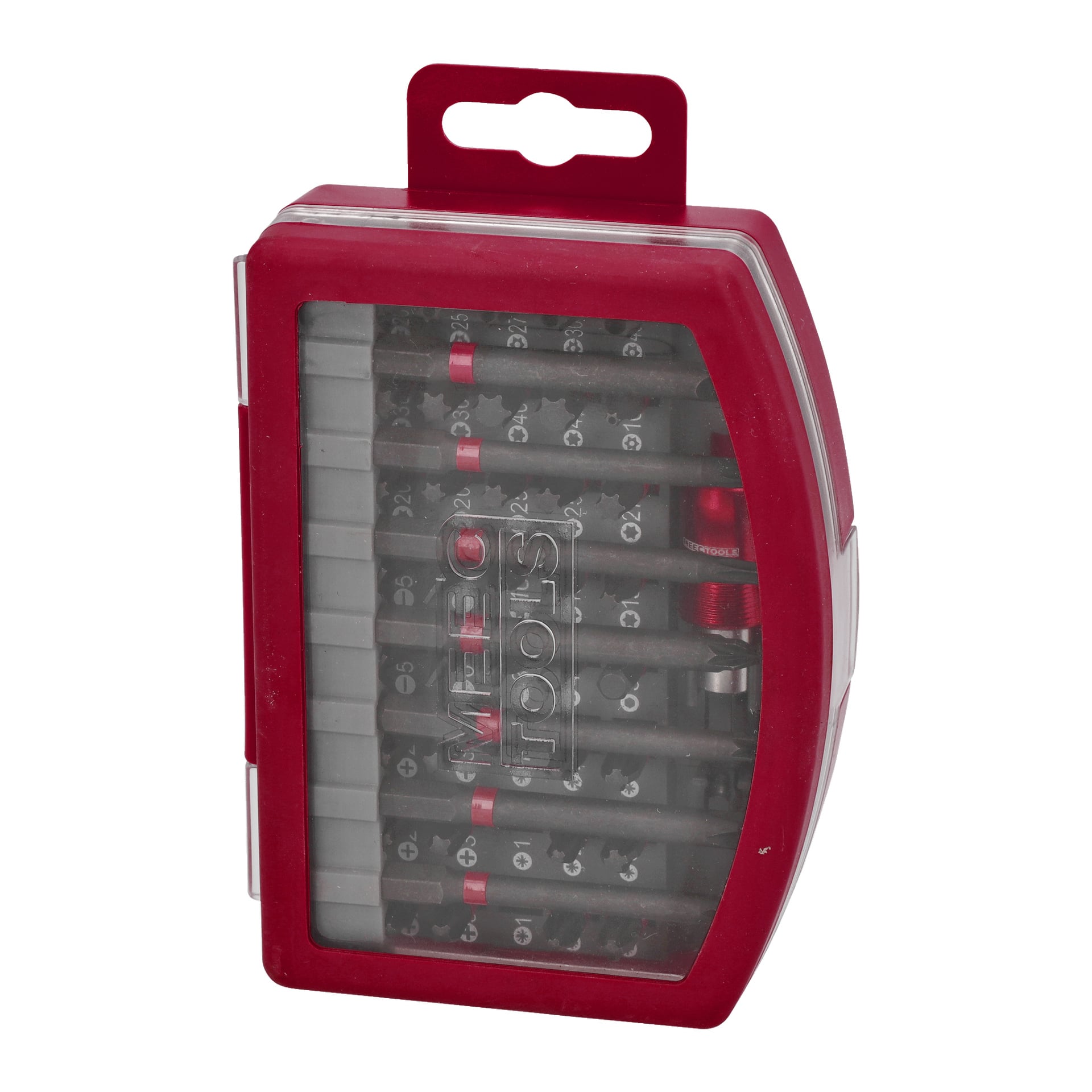 Ett rött plasthölje med transparent lock visar Meec Tools 56-delade bitsset, som innehåller olika skruvmejselbitar och en röd kontakt.