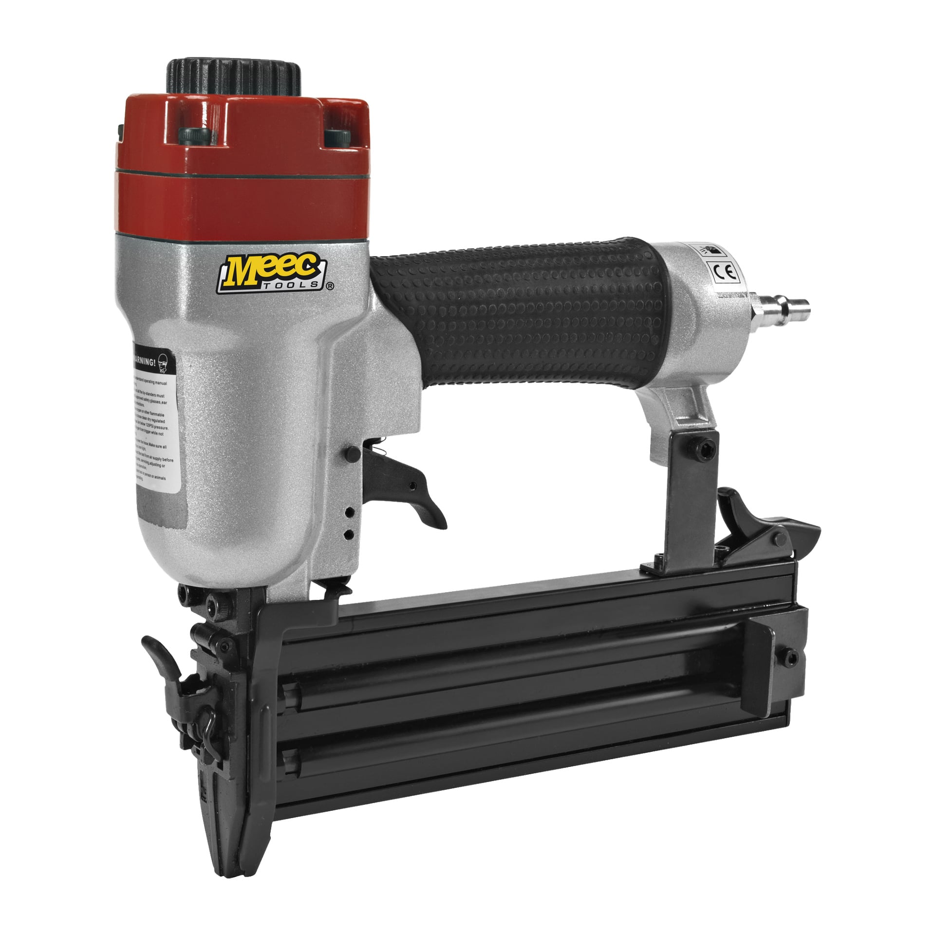Pistolet Meec Tools do gwoździ w kolorze srebrnym i czarnym z czerwonym dachem i czarną rękojeścią, z logo Meec Tools. Narzędzie zawiera spust oraz magazynek na gwoździe.