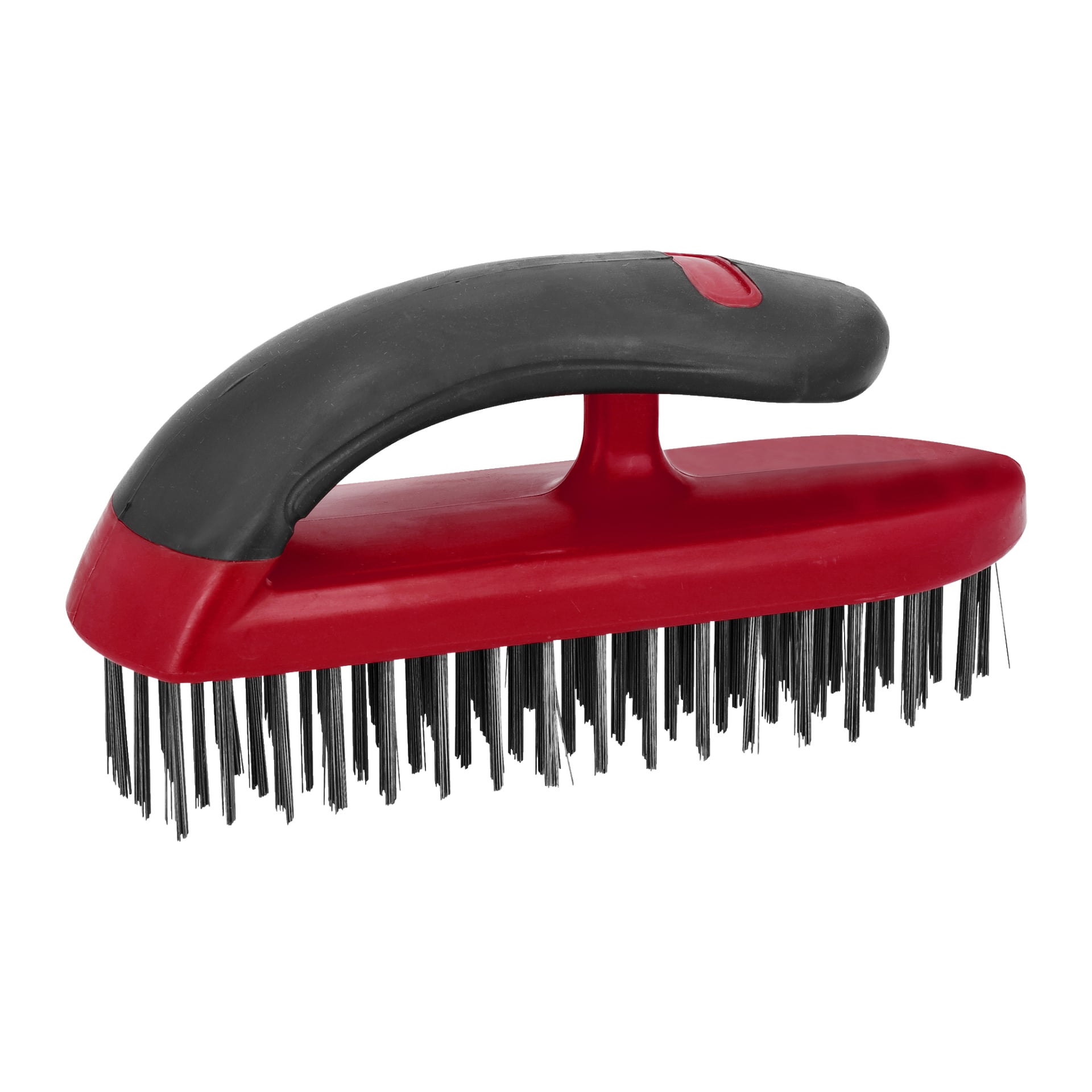Hard Head Ergonomic Steel Brush, jossa on kaareva punamusta kahva ja jäykät metalliharjakset.
