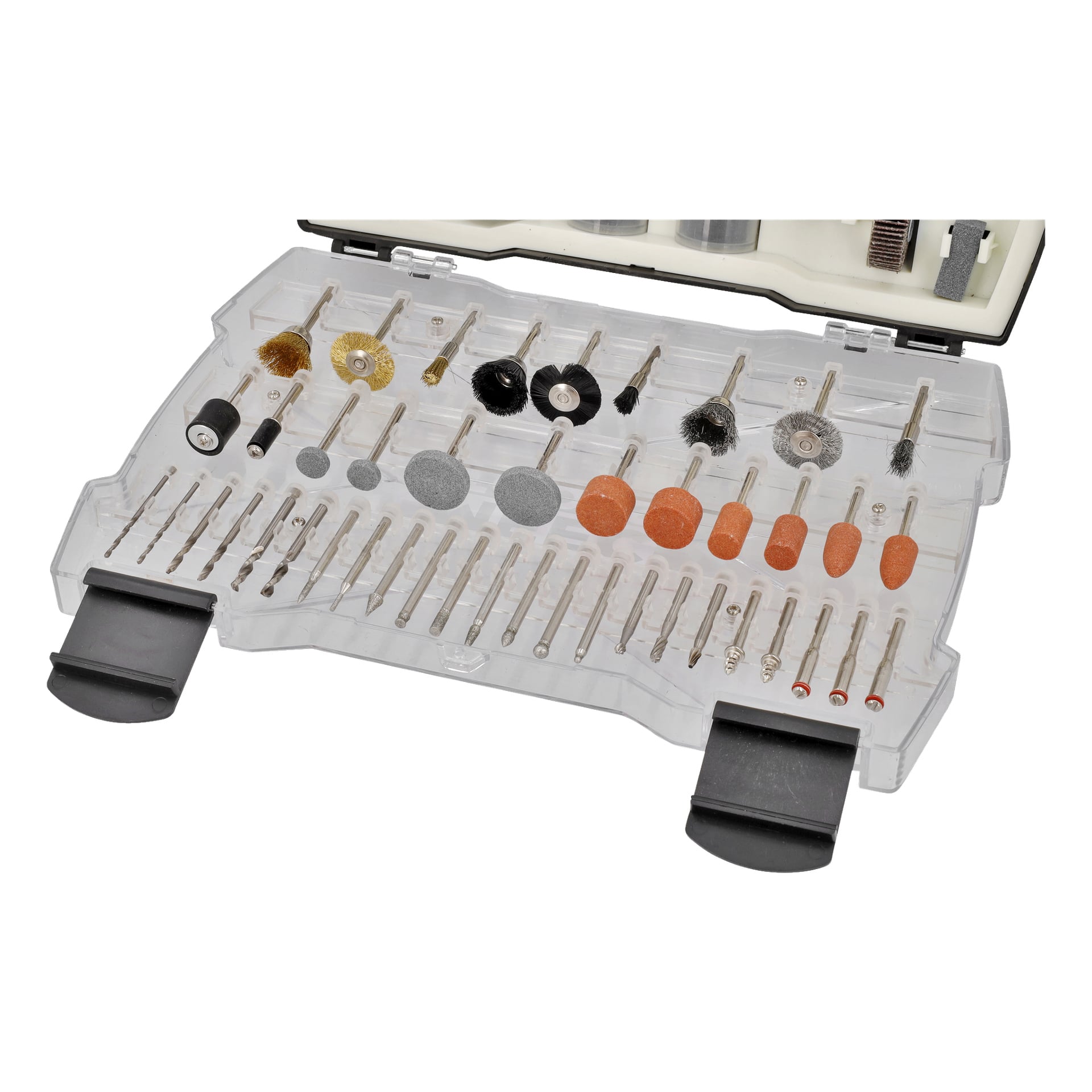 Ett 361-delat Meec Tools slip- och gravyrkit arrangerat i ett plastfodral, som visar olika tillbehör till roterande verktyg som poleringshjul, slipstenar, sliptrummor och borrbits organiserade i ordnade rader.