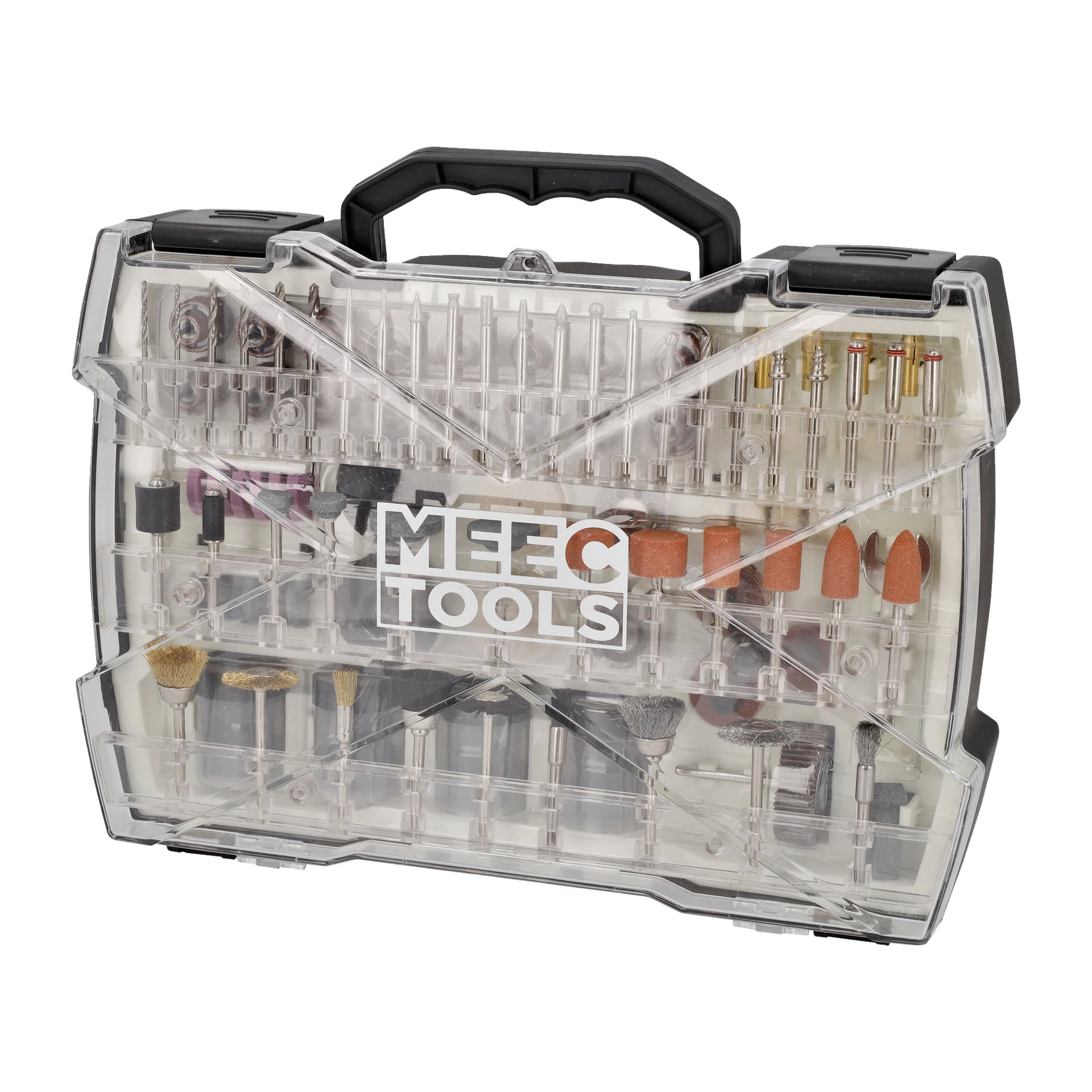Ett transparent plastfodral märkt Meec Tools rymmer ett slip- och gravyrset med 361 delar. Inuti är olika tillbehör för roterande verktyg—inklusive slipstenar, poleringshjul, borr, borsthuvuden och andra tillbehör—systematiskt arrangerade i rader.