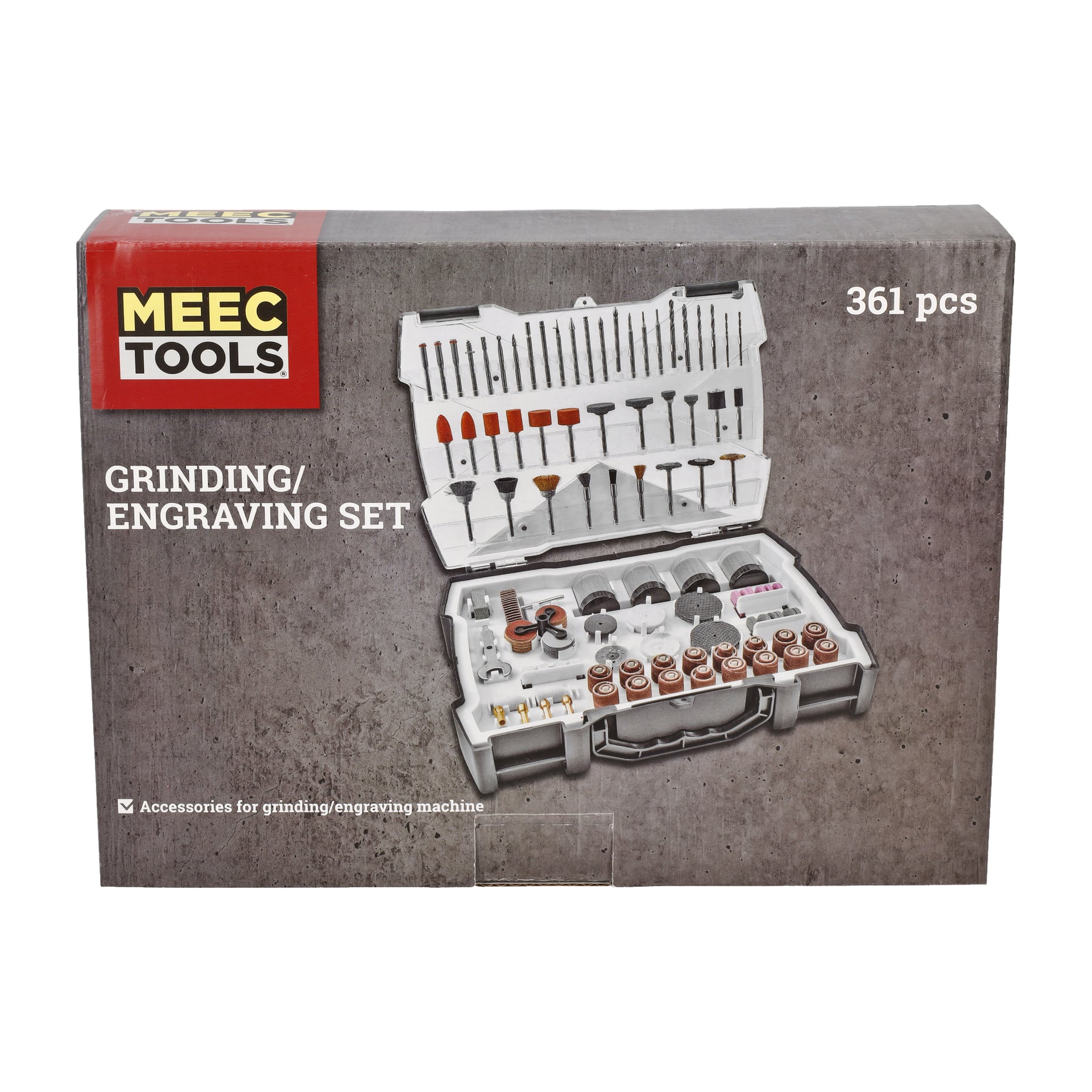 Ett Meec Tools slip- och gravyrset med 361 delar visas i dess öppna monter, med ett urval av verktygsbitar och tillbehör för användning med slip- eller gravyrmaskiner. Bilden inkluderar produkten och dess detaljer mot en grå bakgrund.