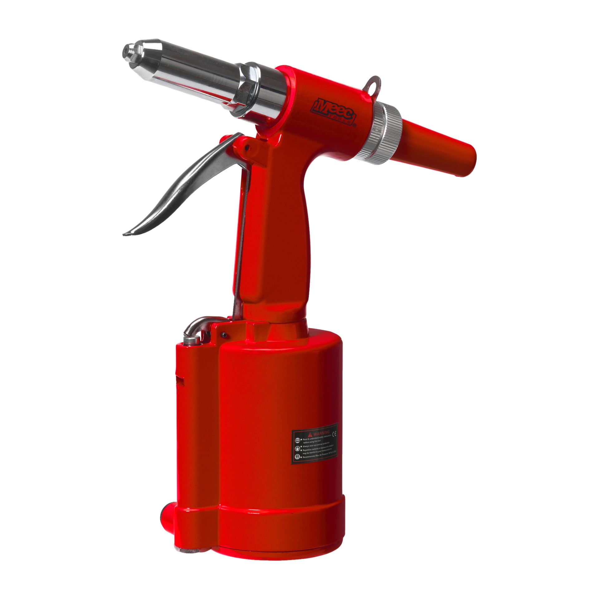 Czerwony nitowak Meec Tools z srebrną dyszą, uchwytem spustu i cylindryczną podstawą.