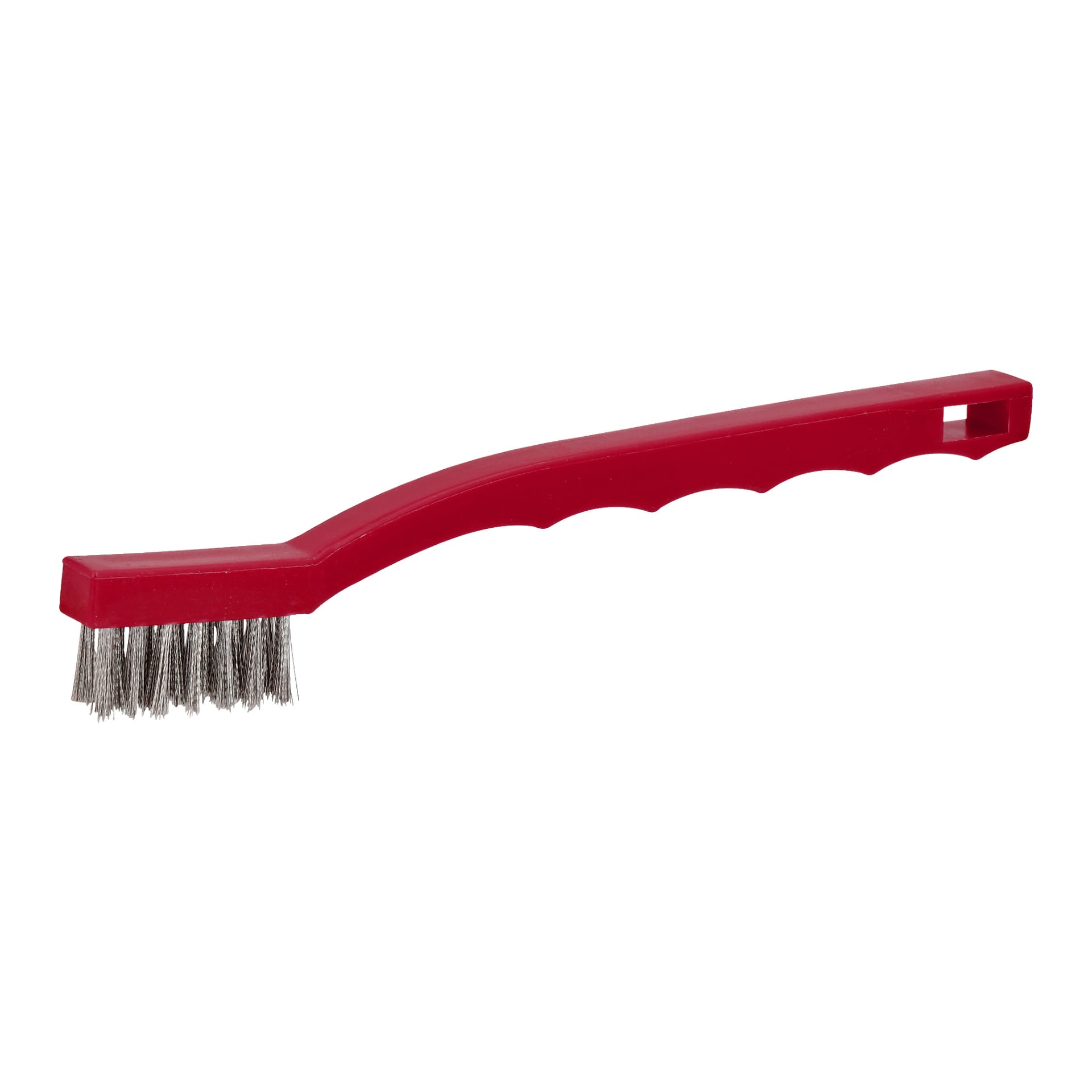 Hard Head Wire Brush kolmen osan setistä, jossa on punainen muovinen kahva, jossa on muotoiltuja sormikahvoja ja roikkuva reikä, sekä tukevat metalliset harjakset.