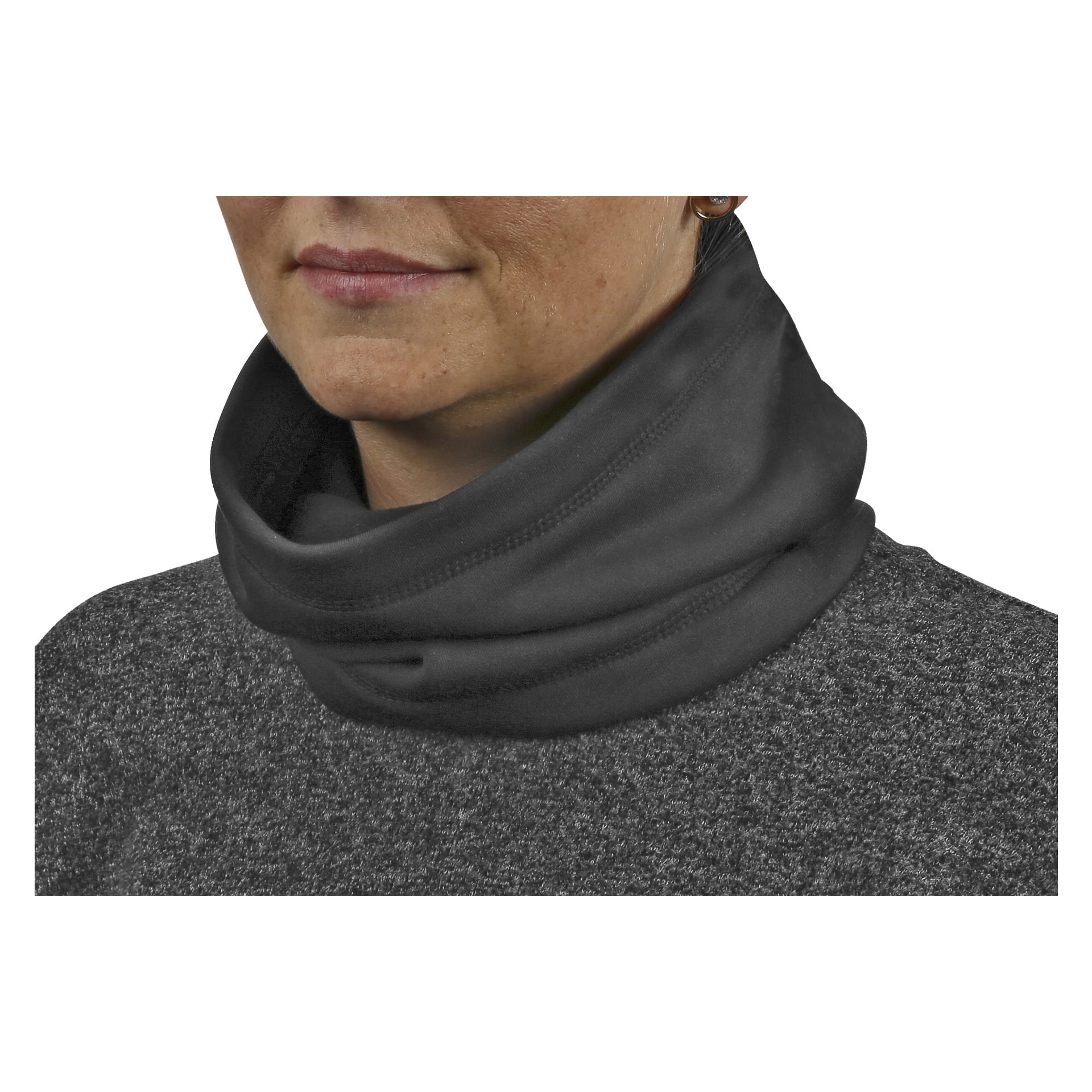 Eine Person trägt einen dunkelgrauen Kayoba Outdoor Neck Collar sowie einen heidegrauen Pullover, wobei nur die untere Hälfte des Gesichts und Halses sichtbar sind.