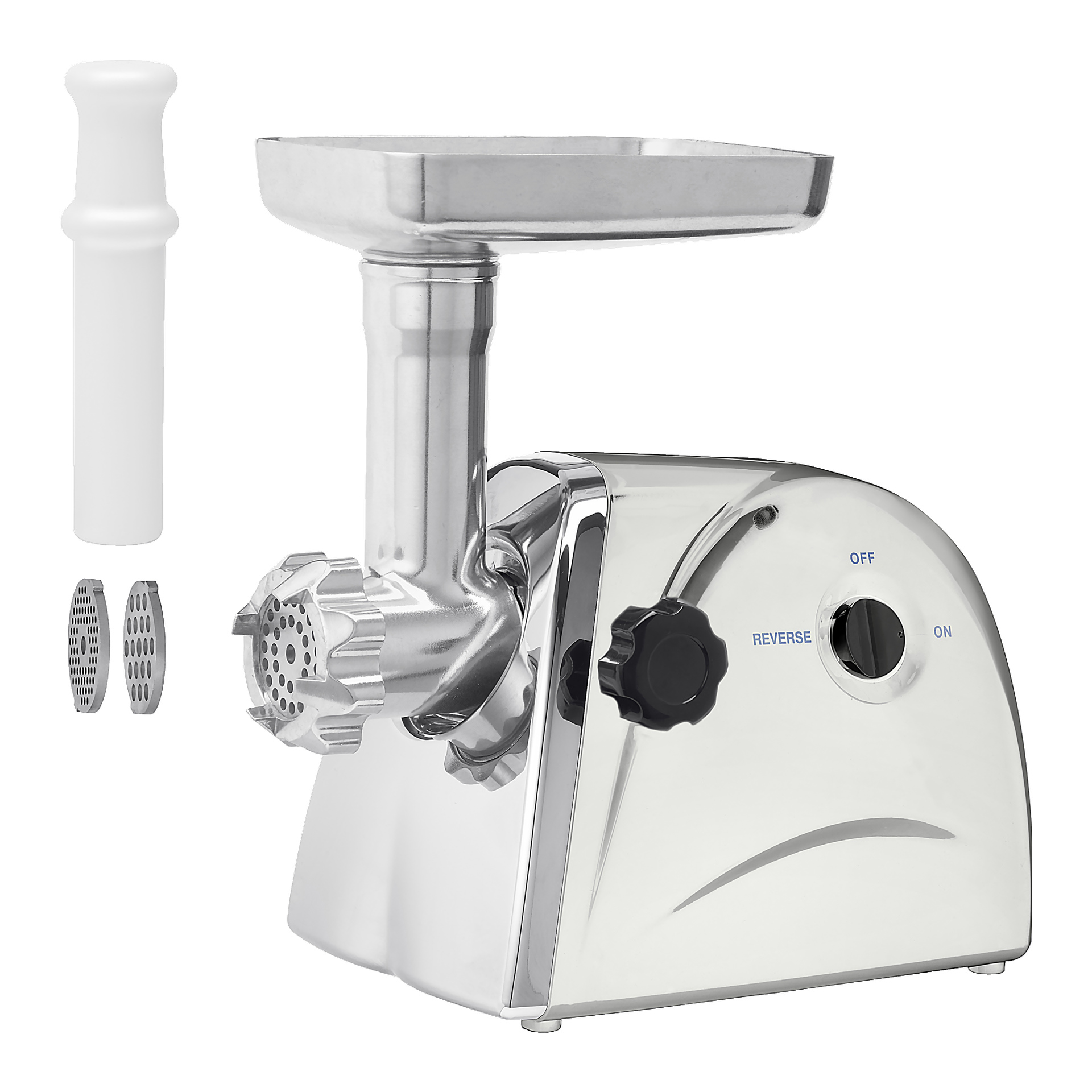 Bright Meat Mincer är en elektrisk kvarn av rostfritt stål med en slank, blank yttre. Den inkluderar en toppbricka, två metallslipplattor, ett vitt tryckverktyg och en kontrollratt märkt med inställningarna omvänd, av och på.