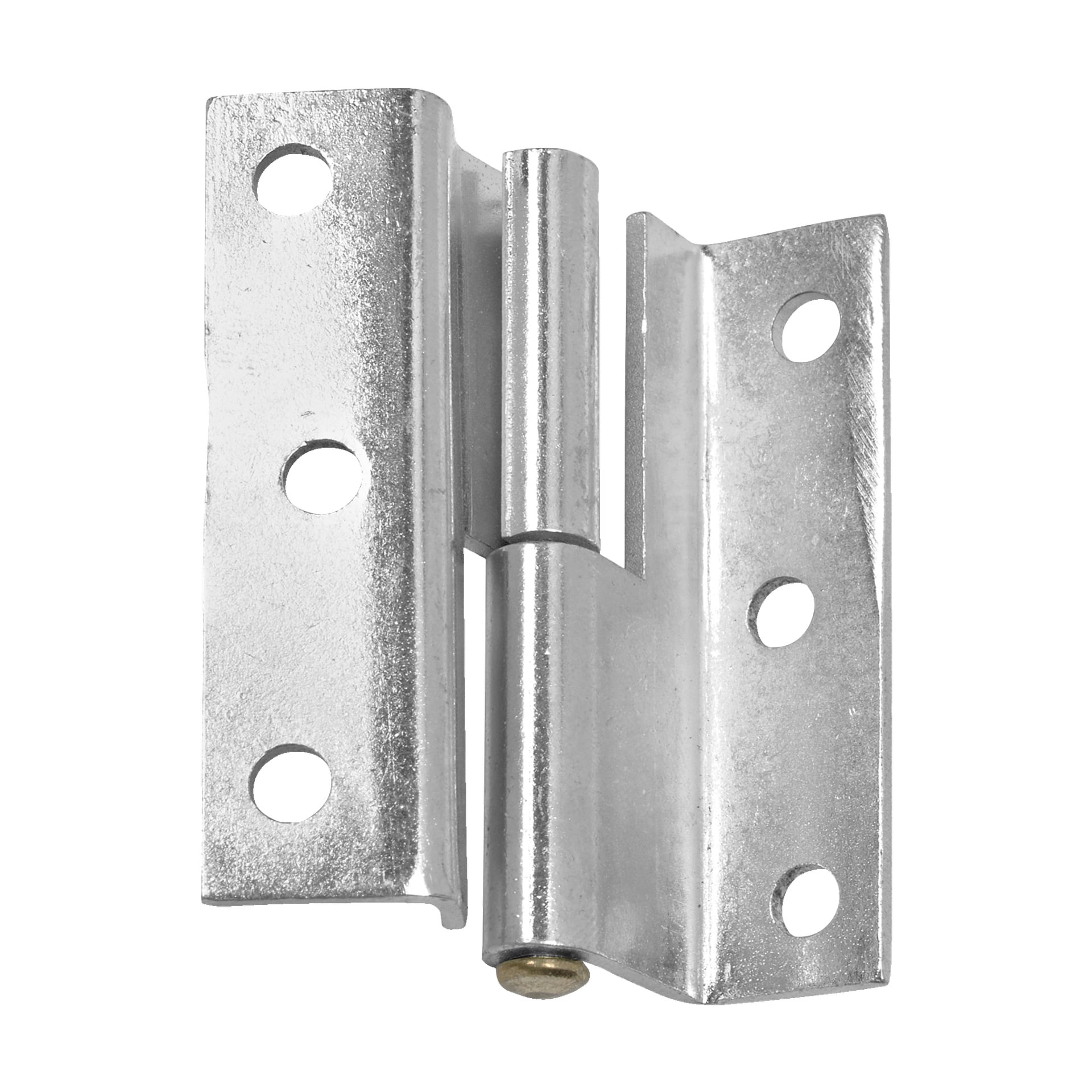 Detaljerad vy av ett Hard Head Lift-off-gångjärn designat för högervända svängdörrar, med dess silverfärgade metallyta och fem skruvhål för fäste på dörrar eller skåp. Gångjärnet står vertikalt och avslöjar både bladen och den centrala vridpunkten. Paketet innehåller två gångjärn.