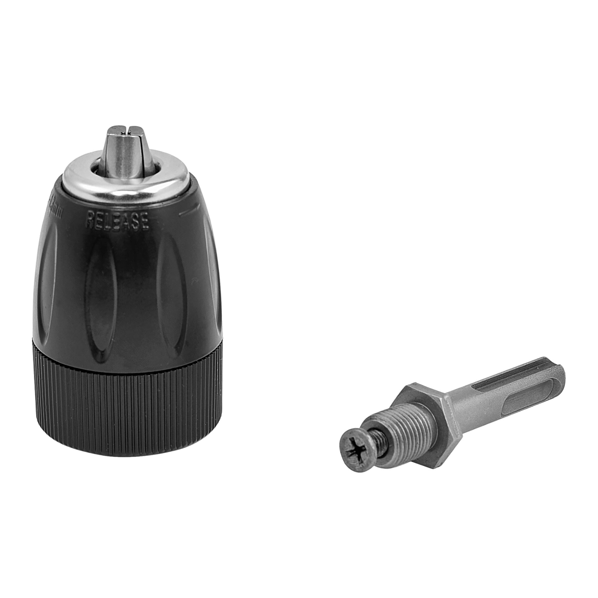 Till vänster finns en svart och silverfärgad Meec Tools Quick chuck, och till höger en metalladapter för borr med en skruv.