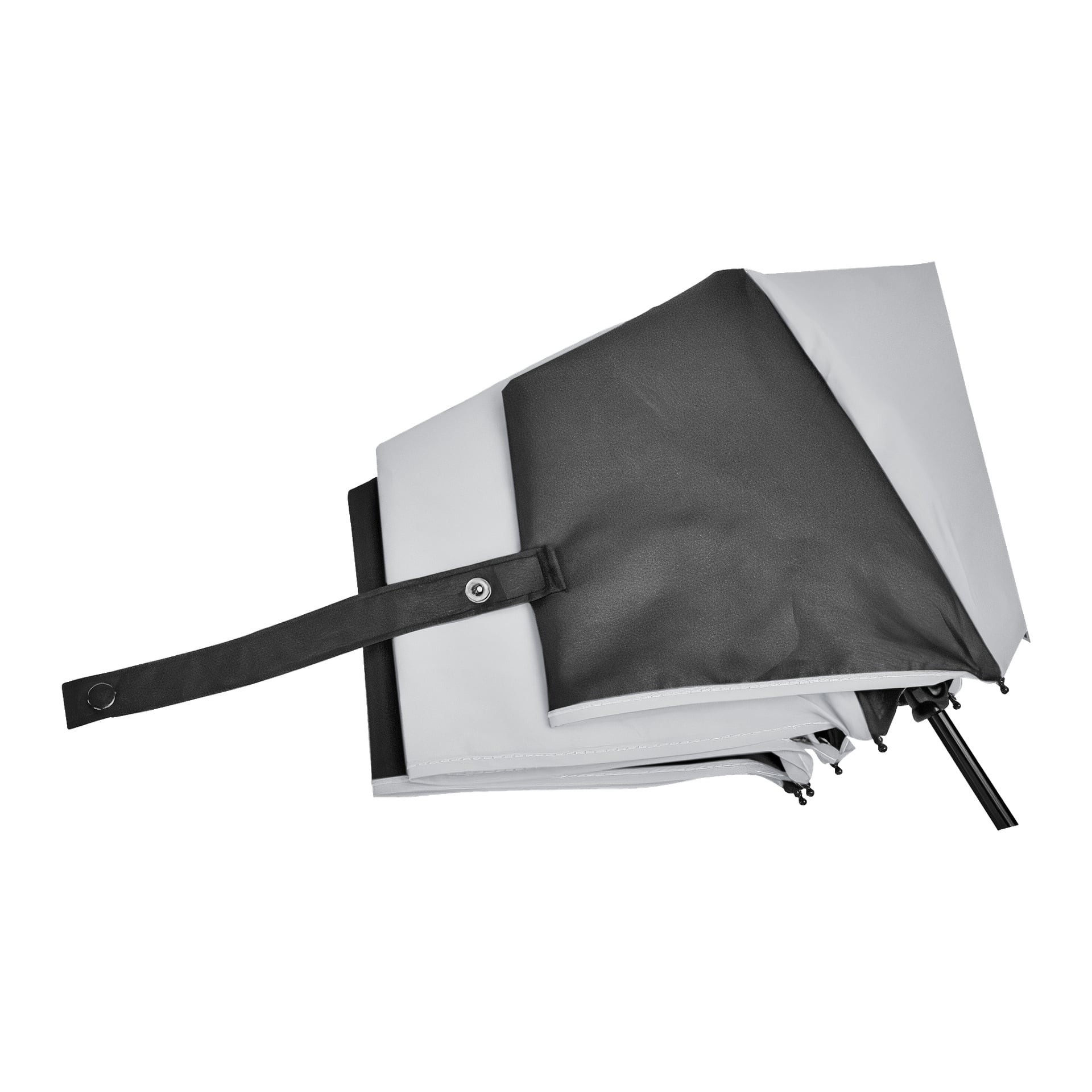 Ein gefalteter schwarz-grauer Kayoba Outdoor-Schirm mit Riemen und Druckknopf ist von oben zu sehen.
