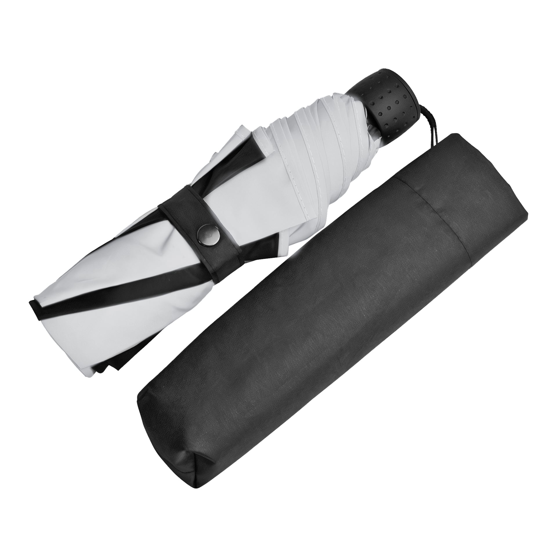 Ein gefalteter Kayoba Outdoor Schirm mit schwarzem Griff und einem schwarz-weiß gemusterten Baldachin ist neben dem passenden schwarzen Stoffärmel zu sehen.