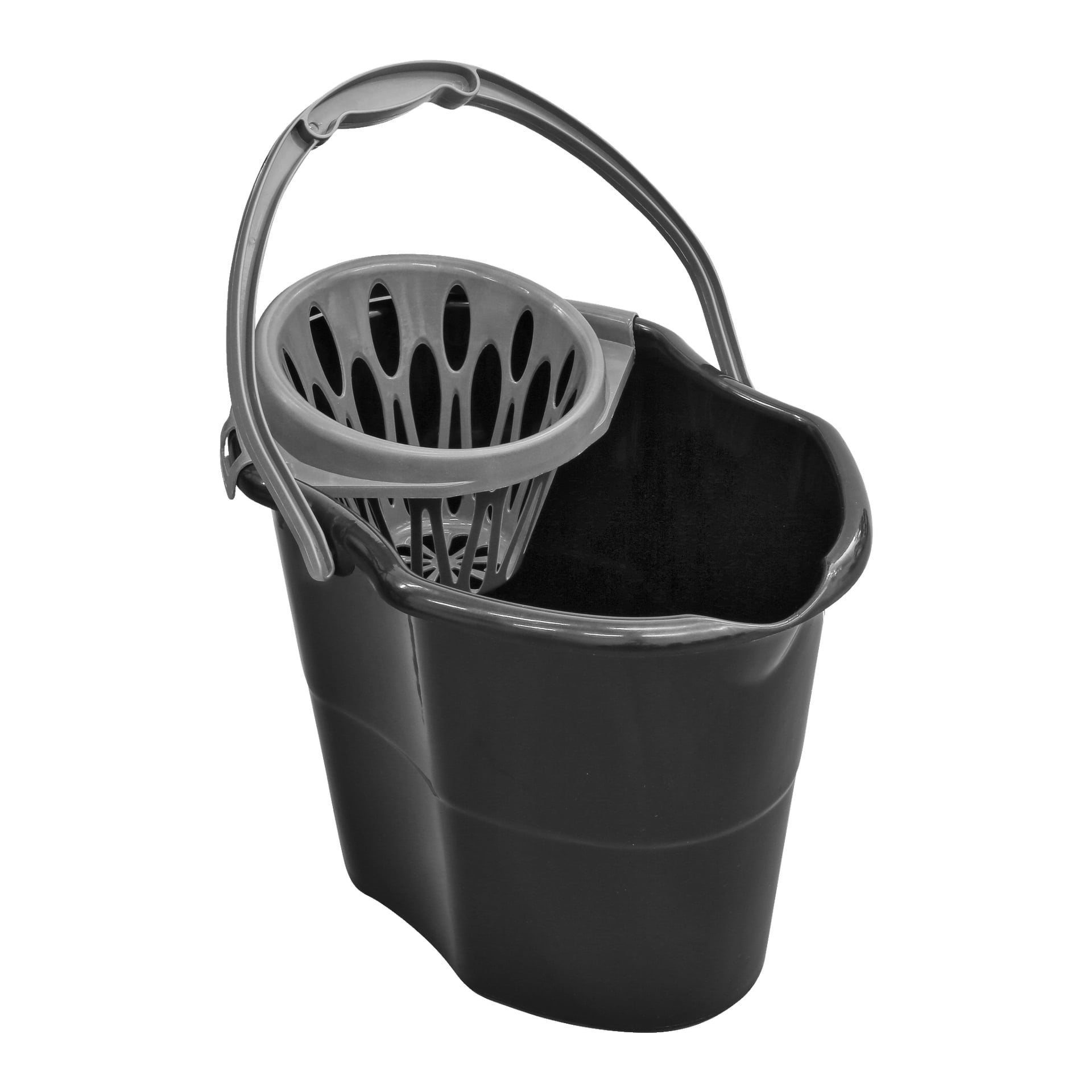 En svart Menuett-mopphink med grått handtag och inbyggt grått wringer-inlägg för att klämma ut moppar. På ena sidan finns en pip för enkel hällning.