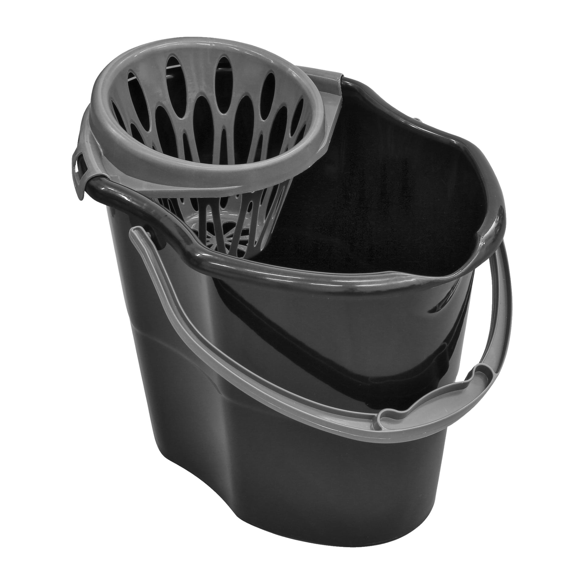 En svart plast-mopphink från Menuett med en grå inbyggd wringer och matchande handtag. Den har en pip för hällning och ett speciellt fack för att pressa ut överflödigt vatten från moppen.