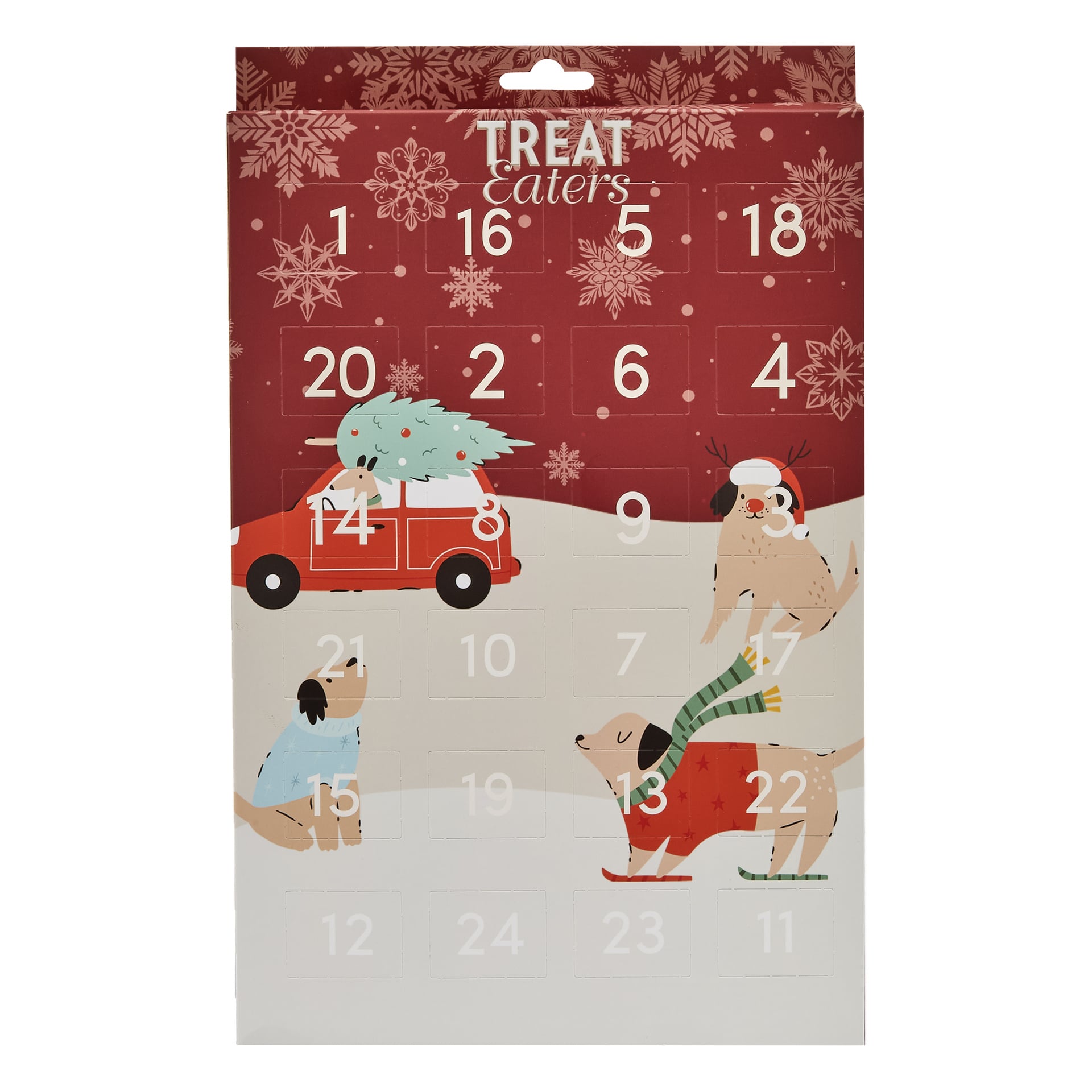 Husdjurs-julkalender för hundar med 24 numrerade fack, med illustrationer av hundar och en igelkott i mysiga vinterkläder, snöflingedekorationer och en djärv röd bakgrund med texten "Treat Eaters" skrivet överst.