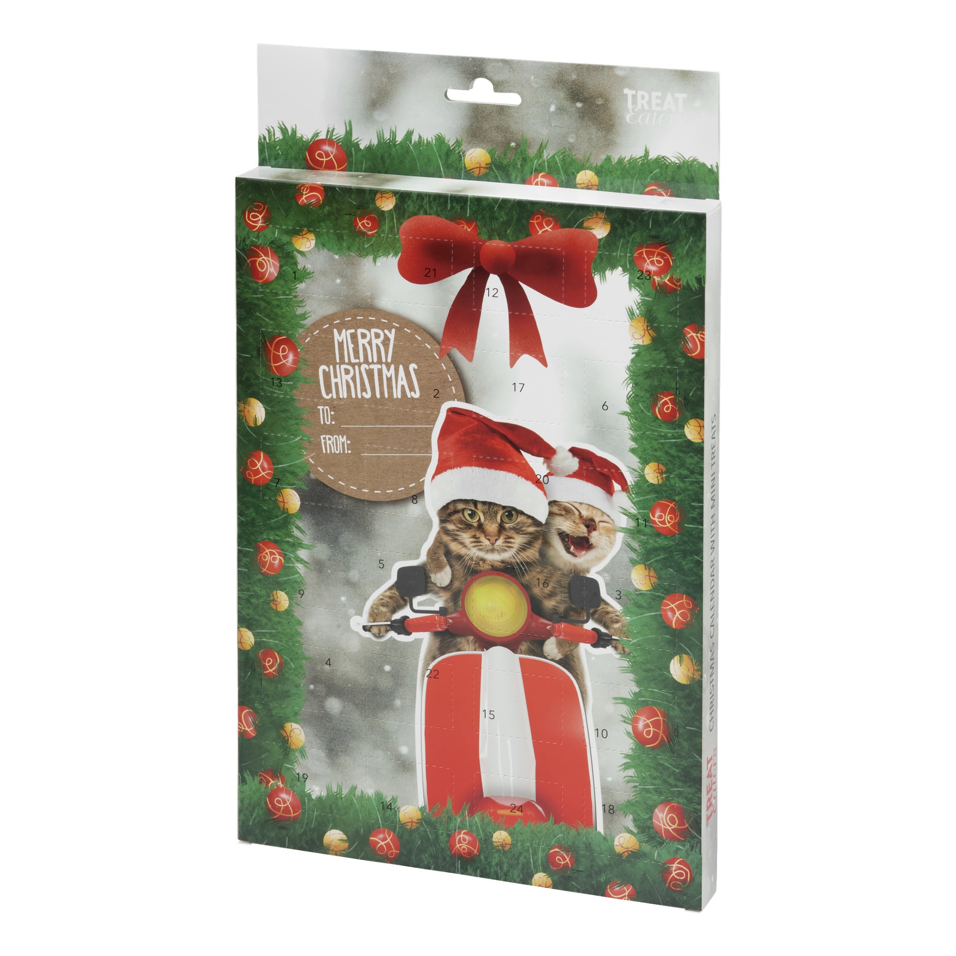 Petcares julkalender för katter är en adventskalender med en lekfull illustration av två katter med tomtelussor som åker en röd scooter, omgiven av grön girland dekorerad med röda och gyllene prydnader. Framsidan av displayerna numrerade flikar från 1 till 24, vilket bjuder in kattägare att räkna ner dagarna till jul.