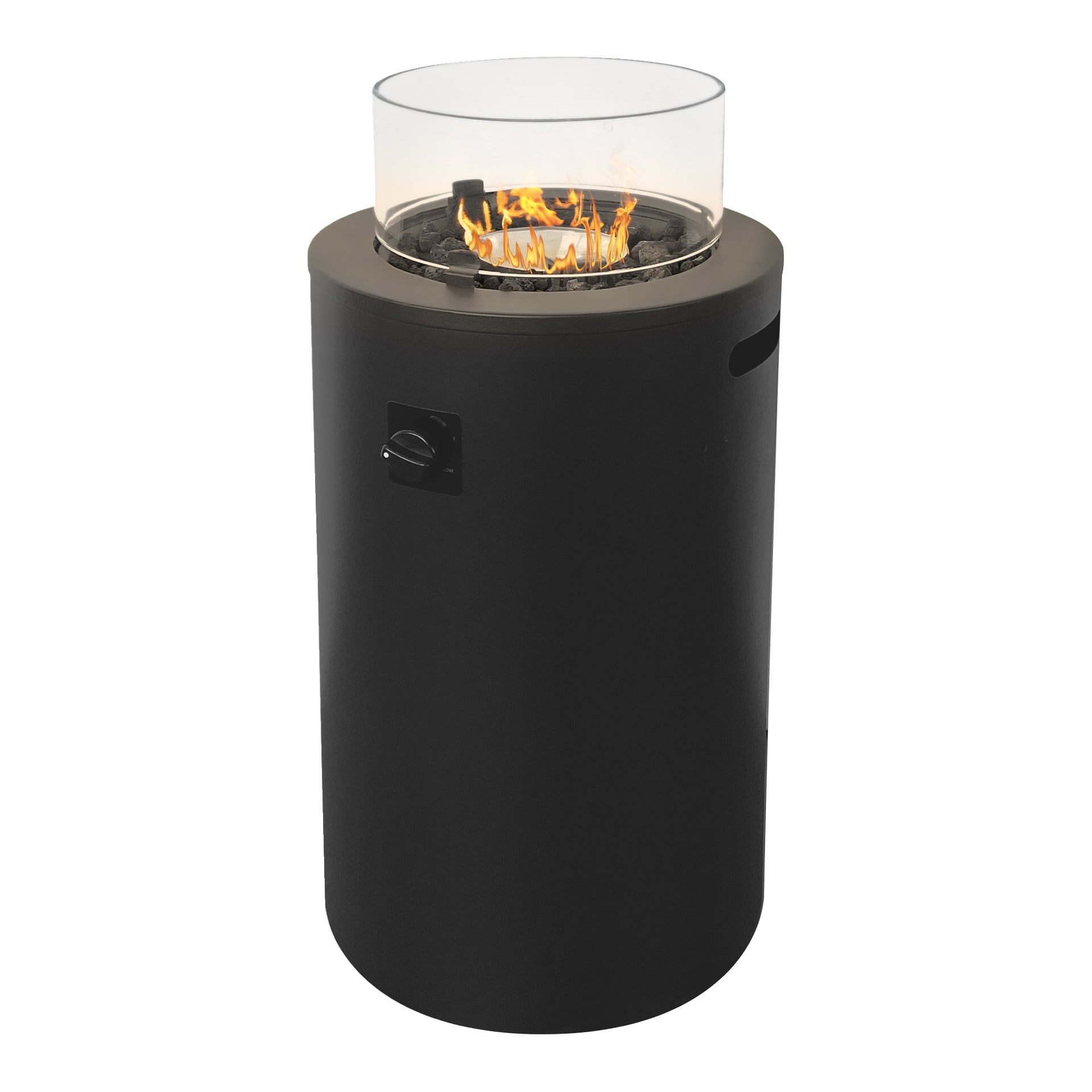 En svart EKVIP-eldstad formad som ett torn med en klar vindskydd i glas, flammor som fladdrade ovanför lavastenarna och en kontrollratt placerad på sidan.