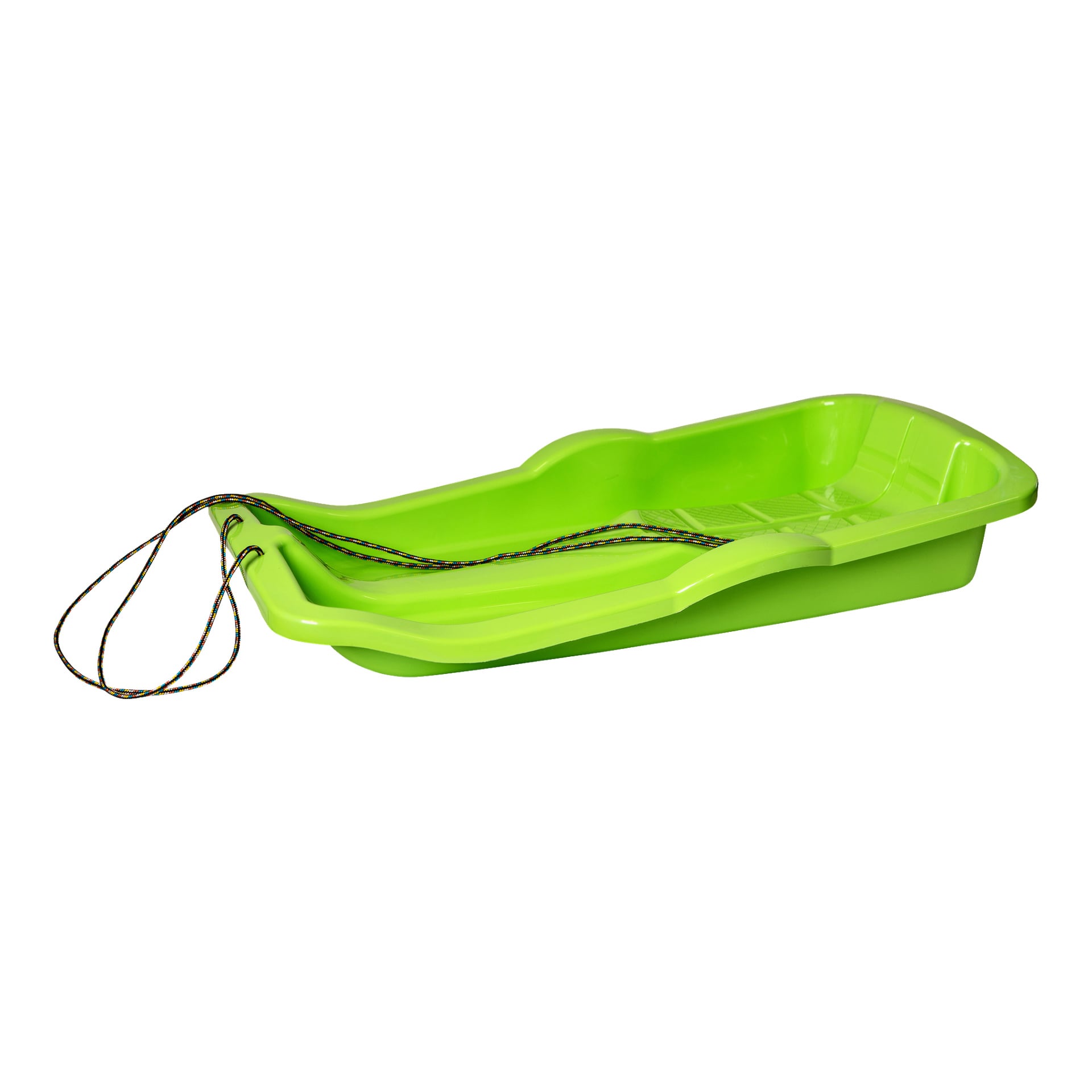 En ljusgrön plast Kayoba Sledge med böjd form och två flätade dragrep framtill.