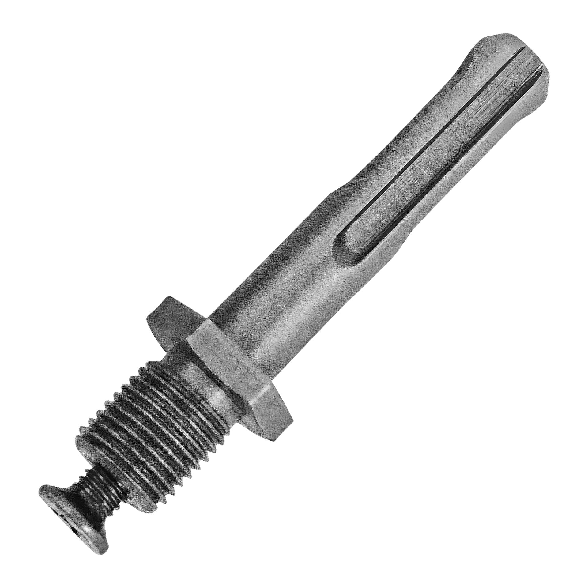 En detaljerad vy av Meec Tools Quick-chucken visar en metalladapter SDS-plus med gänga, en sexkantig krage och en spårad cylindrisk axel, designad för att fästa borrbitar vid roterande hammare.