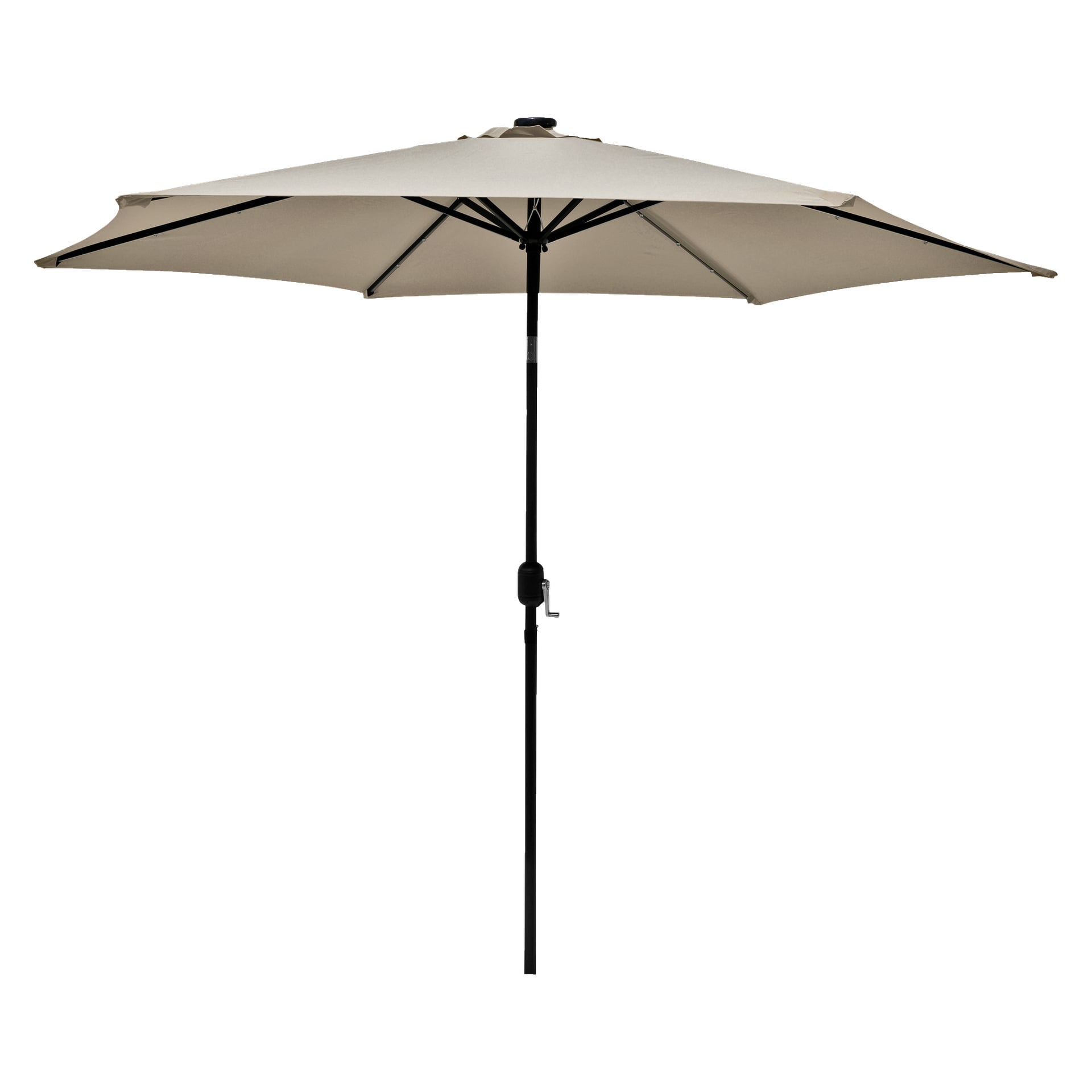 Ett helt öppet beige EKVIP-parasoll med svart stång och vevhandtag ses från sidan.