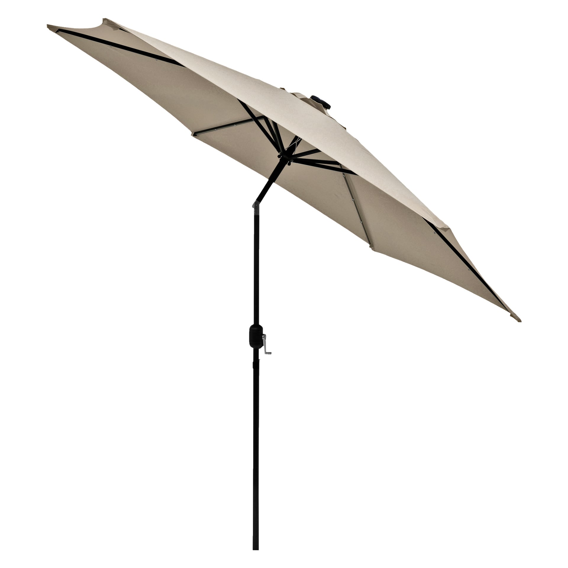 Ett rymligt beige EKVIP Parasol patioparasoll med svart stång och vevhandtag, öppet och lutat åt ena sidan. Den rektangulära baldakinen har framträdande stödribbor.