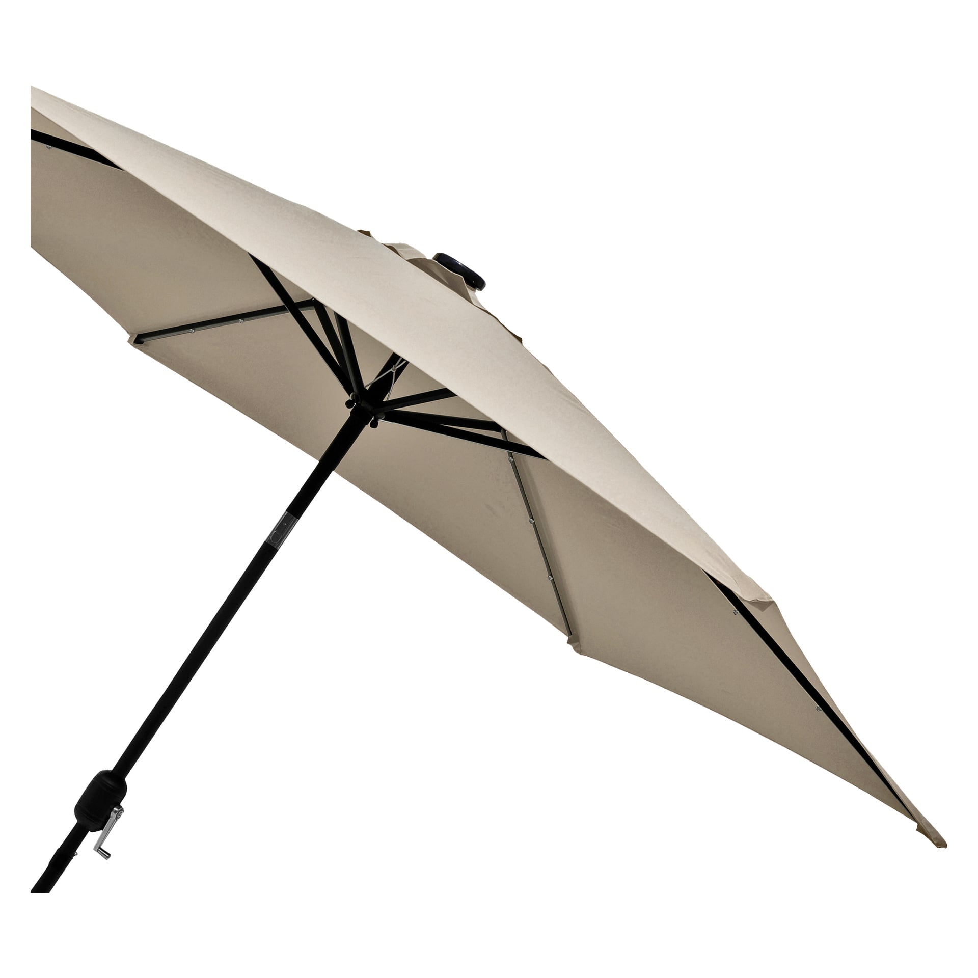 EKVIP Parasol i beige, med svart stång och robusta metallribbor, visas helt öppen ur låg vinkel.