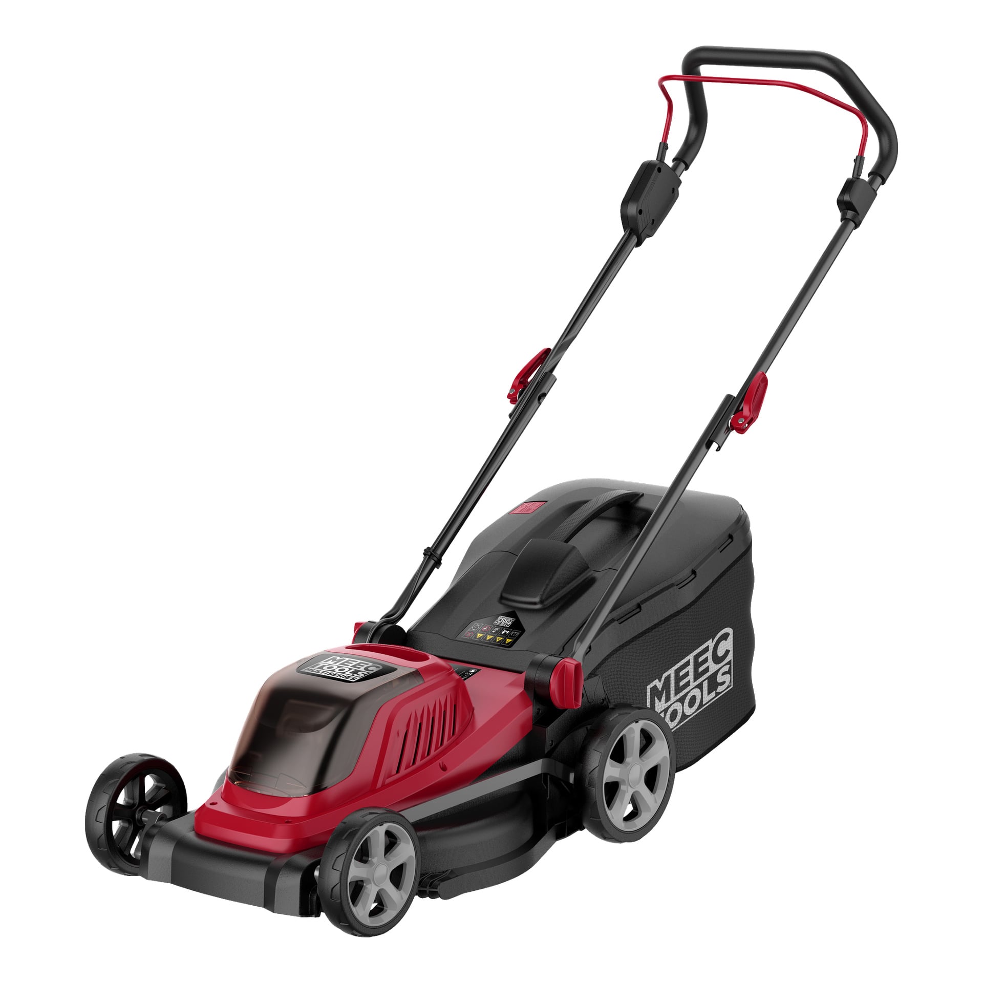 En röd och svart Meec Tools Multiseries 40V sladdlös gräsklippare med fyra hjul, justerbart handtag och en gräsuppsamlingspåse.