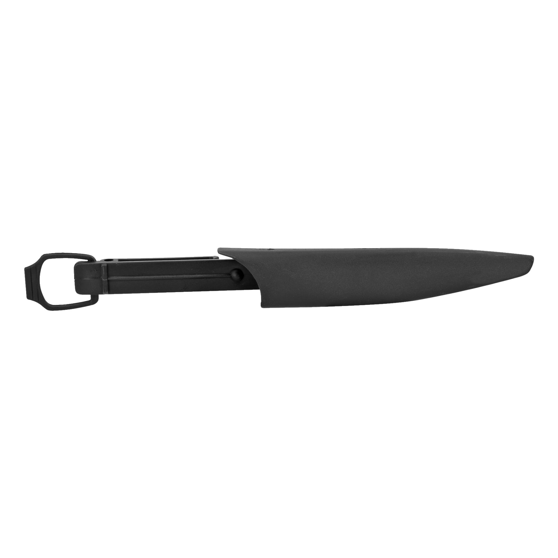 En svart Kayoba fiskekniv vilar i sin matchande svarta plastslida med ett bältesklämma, som visas ligga platt.