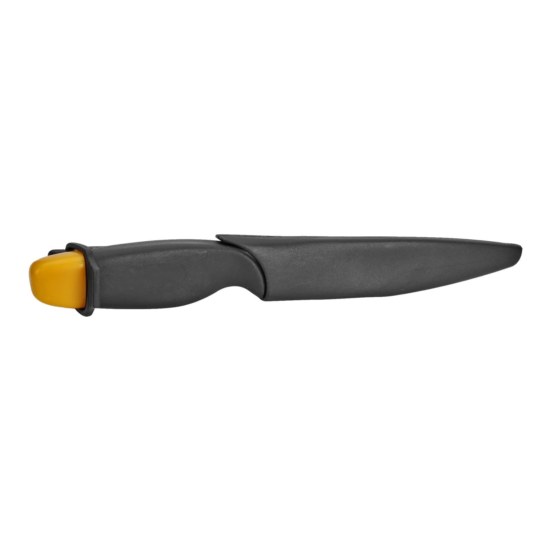En Kayoba-fiskekniv med svart handtag och gul spets vilar inuti sitt matchande svarta hölje, placerad horisontellt.