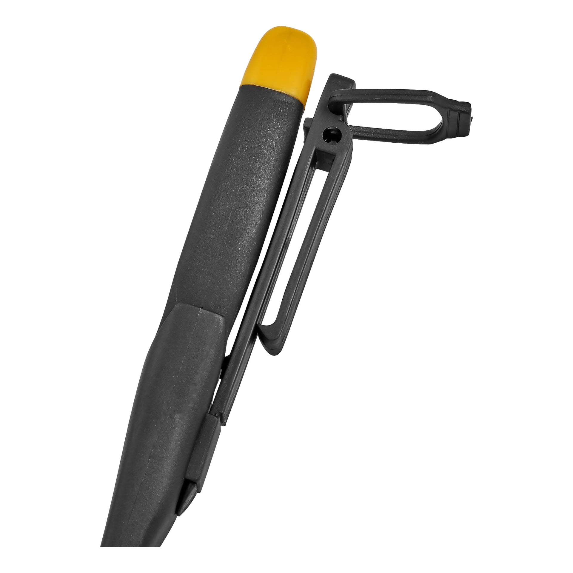 En närbild av en Kayoba Fishing knife med svart handtag och gul slida, som har en stor plastklämma på sidan.