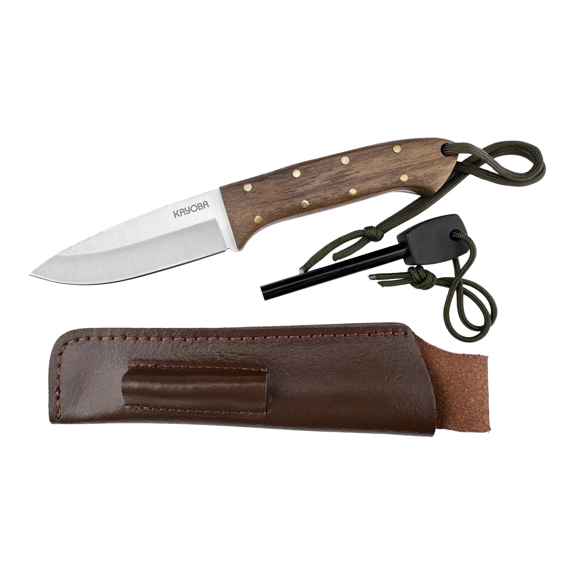 Kayoba Hunting knife har ett fast blad och ett trähandtag, tillsammans med ett eldstartverktyg med sladd och ett brunt läderhölje.