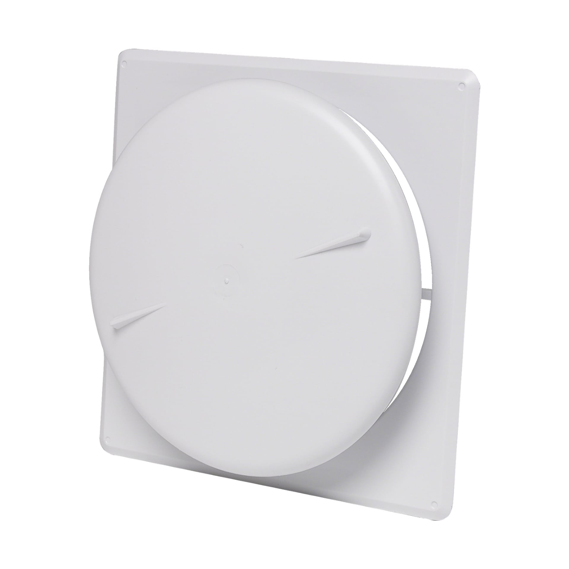 En väggmonterad Habo Plate-ventildispenser med vit finish, en framträdande cirkulär front och en fyrkantig bas, byggd för att förvara och utdela jumbo-pappersrullar som ofta finns på offentliga toaletter.
