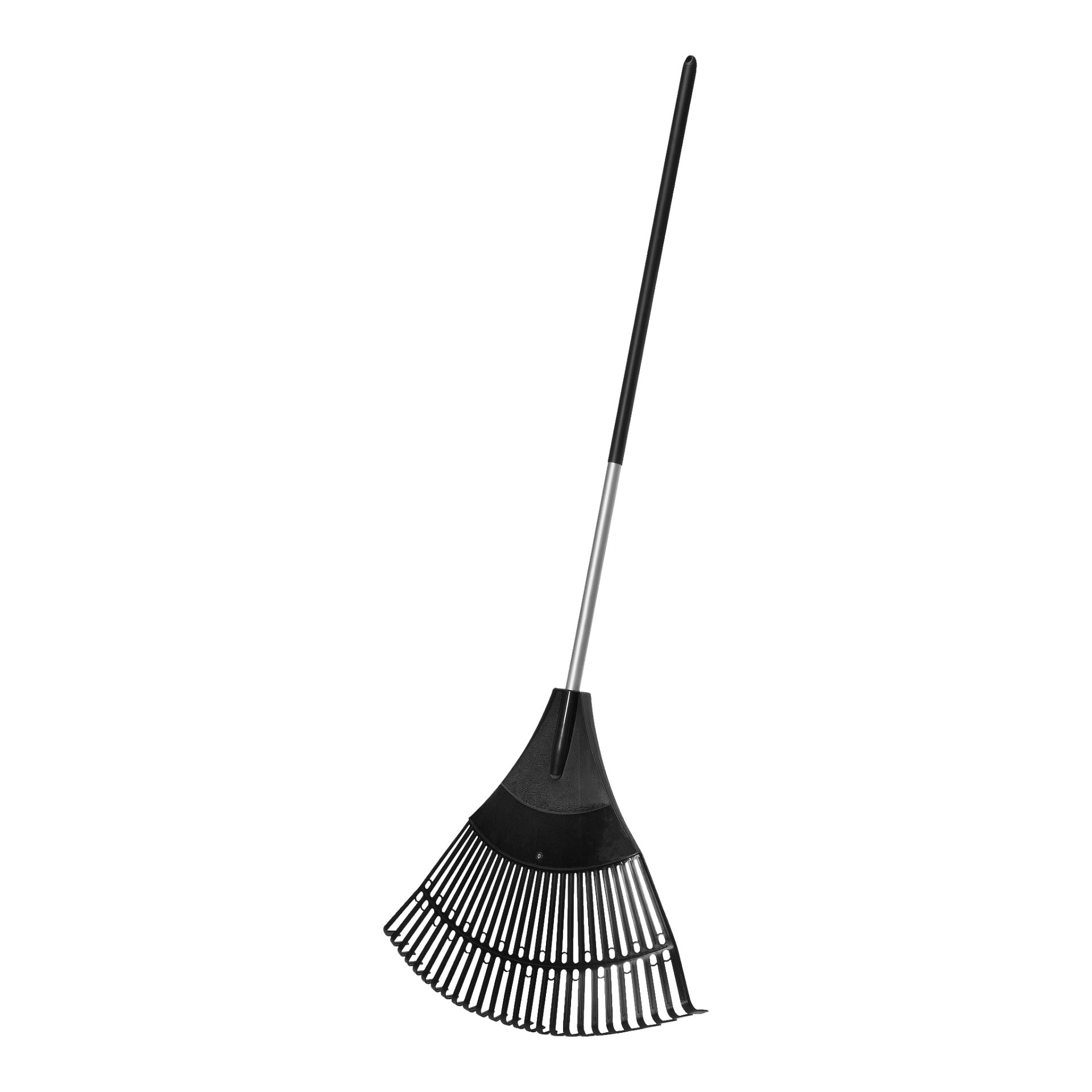 Hard Head Rake är en svart plastkratta med silverhandtag och brett huvud, utrustad med många tappar, utformad för att effektivt samla in löv eller skräp.