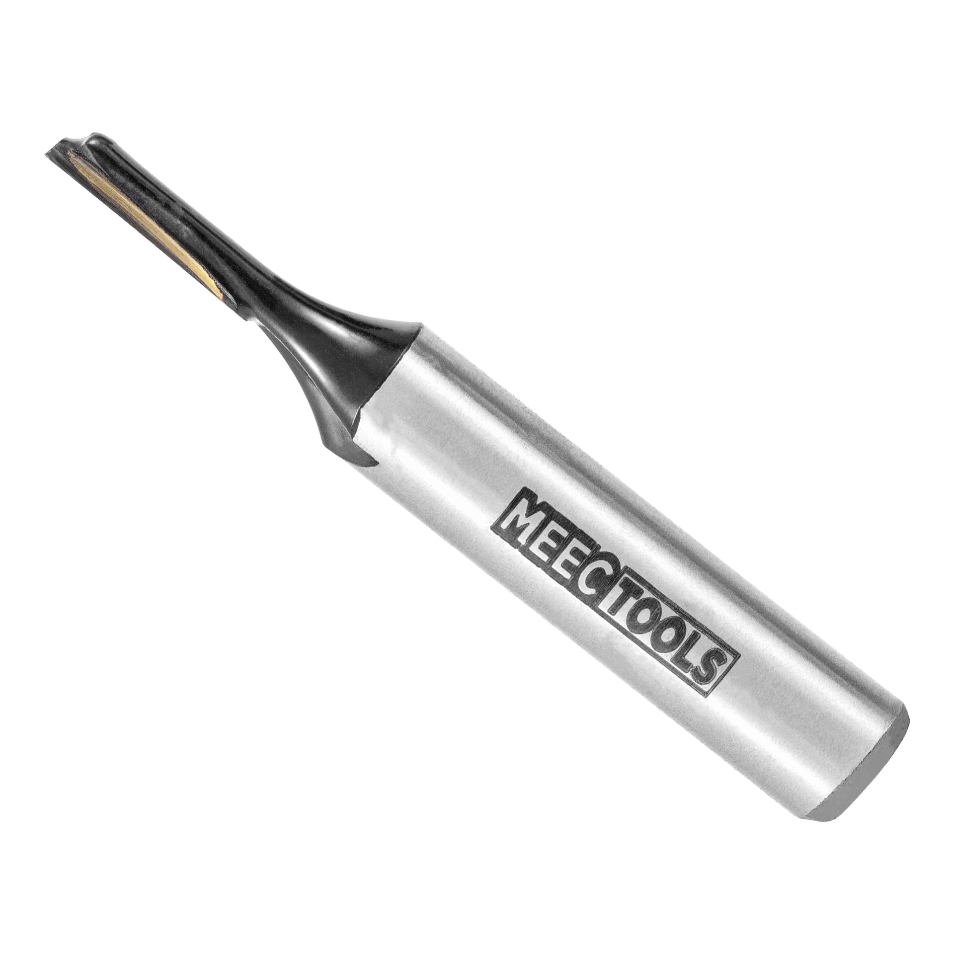 Närbild av ett Meec Tools "Bit för fräs 2 delar"-set, som visar ett metallskärborr med en avlång, spetsig spets och Meec Tools-logotypen tryckt på dess cylindriska yta.