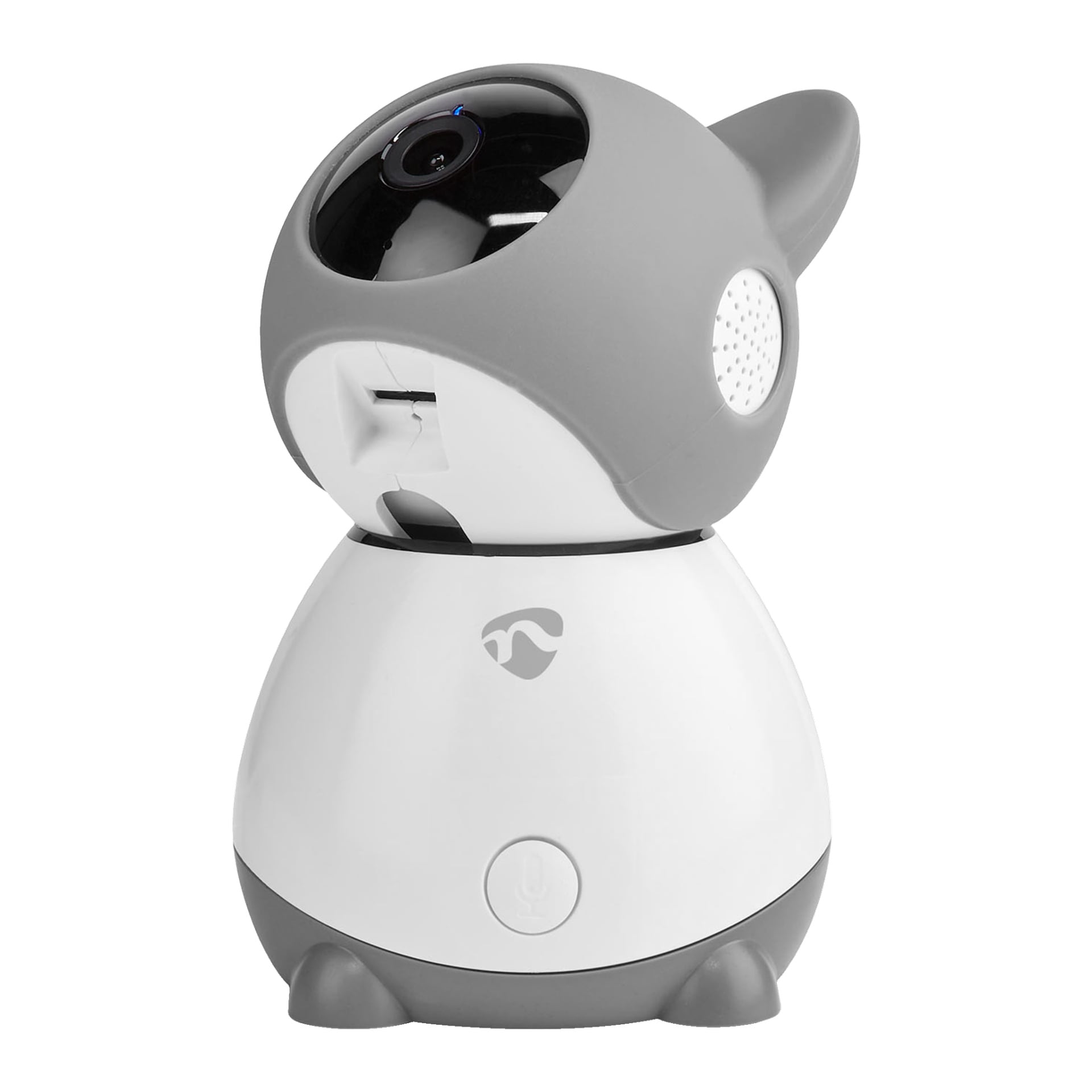 En vit och grå SmartLife IP-kamera från Nedis, utformad för att likna en katt med rundad kropp, spetsiga öron, svart lins på ansiktet, en högtalare på sidan och en mikrofonknapp framtill.