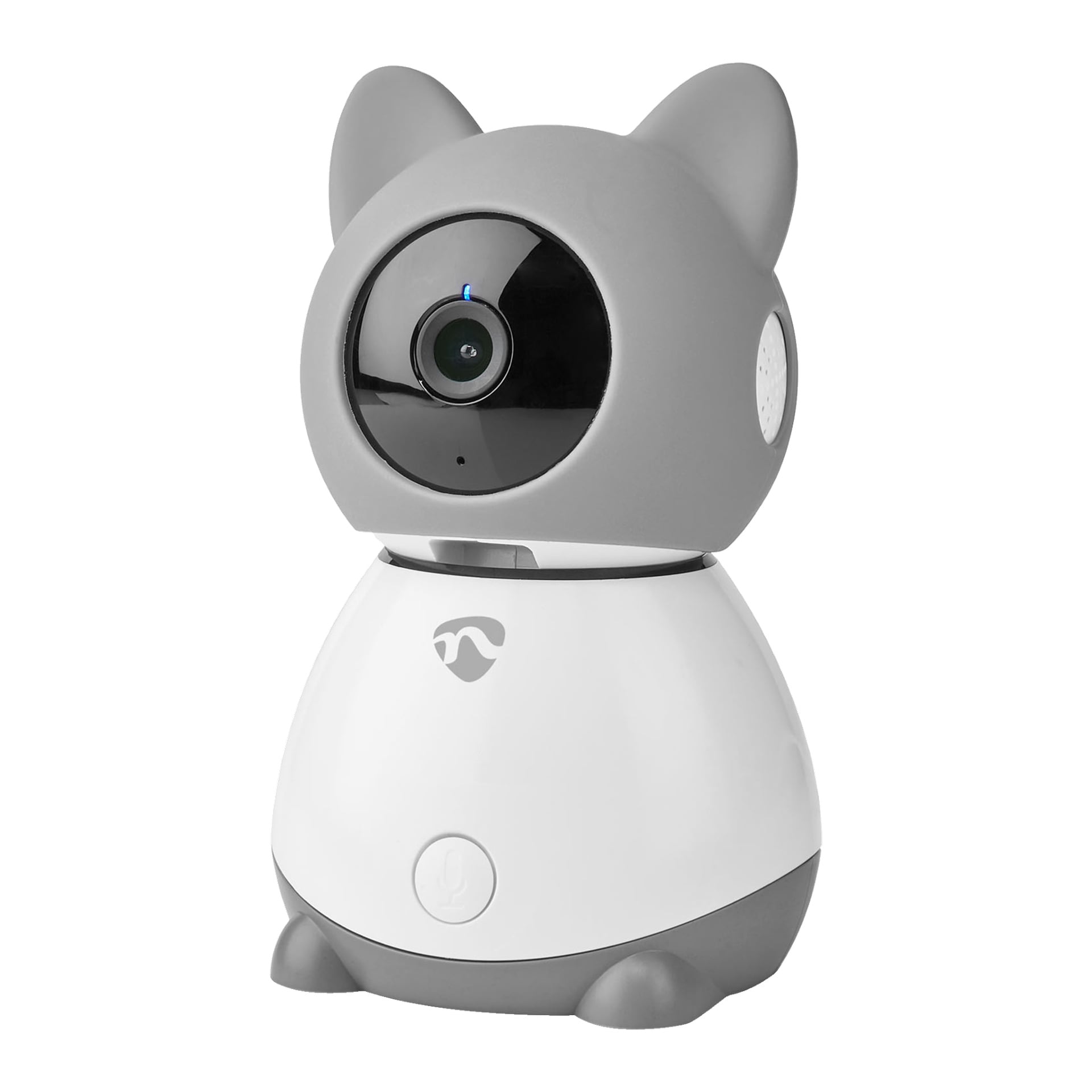 En kompakt säkerhetskamera från Nedis SmartLife, formad som en katt med vit kropp, grå öron och accenter, samt en central rund svart lins. Det finns en knapp på framsidan som visar en mikrofonikon.