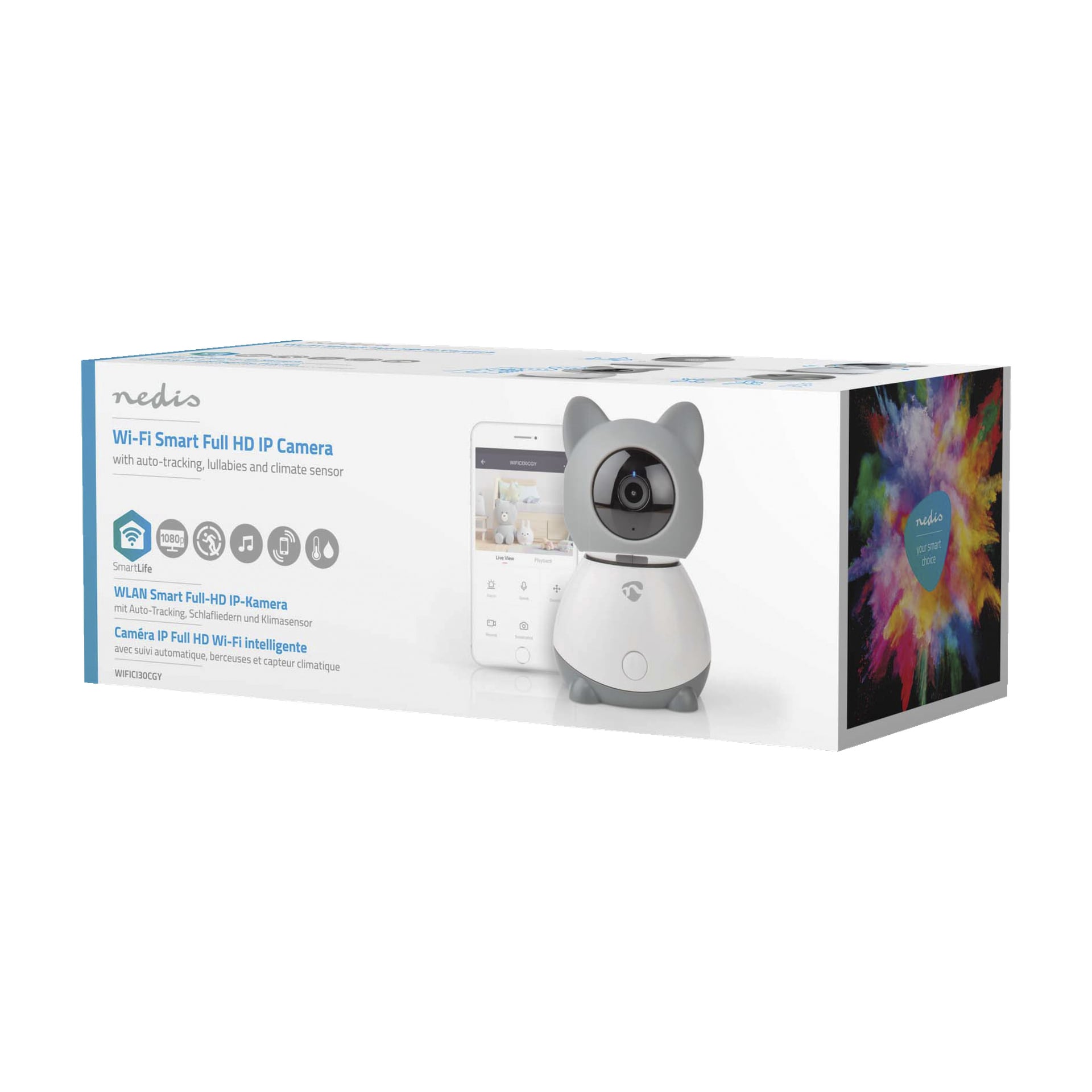 En butiksförpackning visar upp Nedis SmartLife Wi-Fi Smart Full HD IP-kamera, designad i form av en katt. Lådan lyfter fram produktfunktioner, inkluderar bilder på kameran och en smartphone, och är dekorerad med färgglada konstverk på ena sidan.