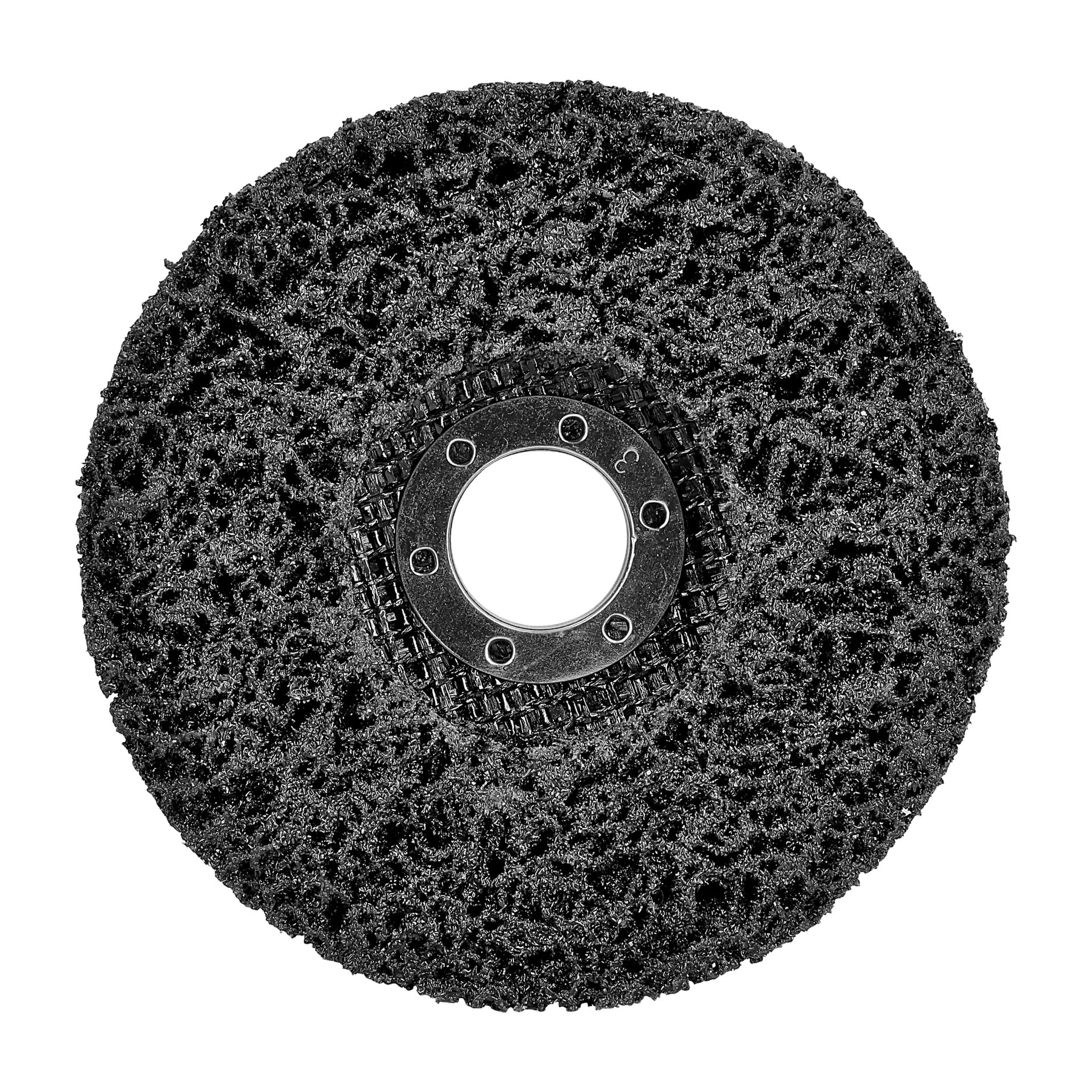 En svart, cirkulär Meec Tools Heavy Duty Cleaner-skiva med en texturerad, nätliknande yta och en central metallnav med fem jämnt fördelade hål.