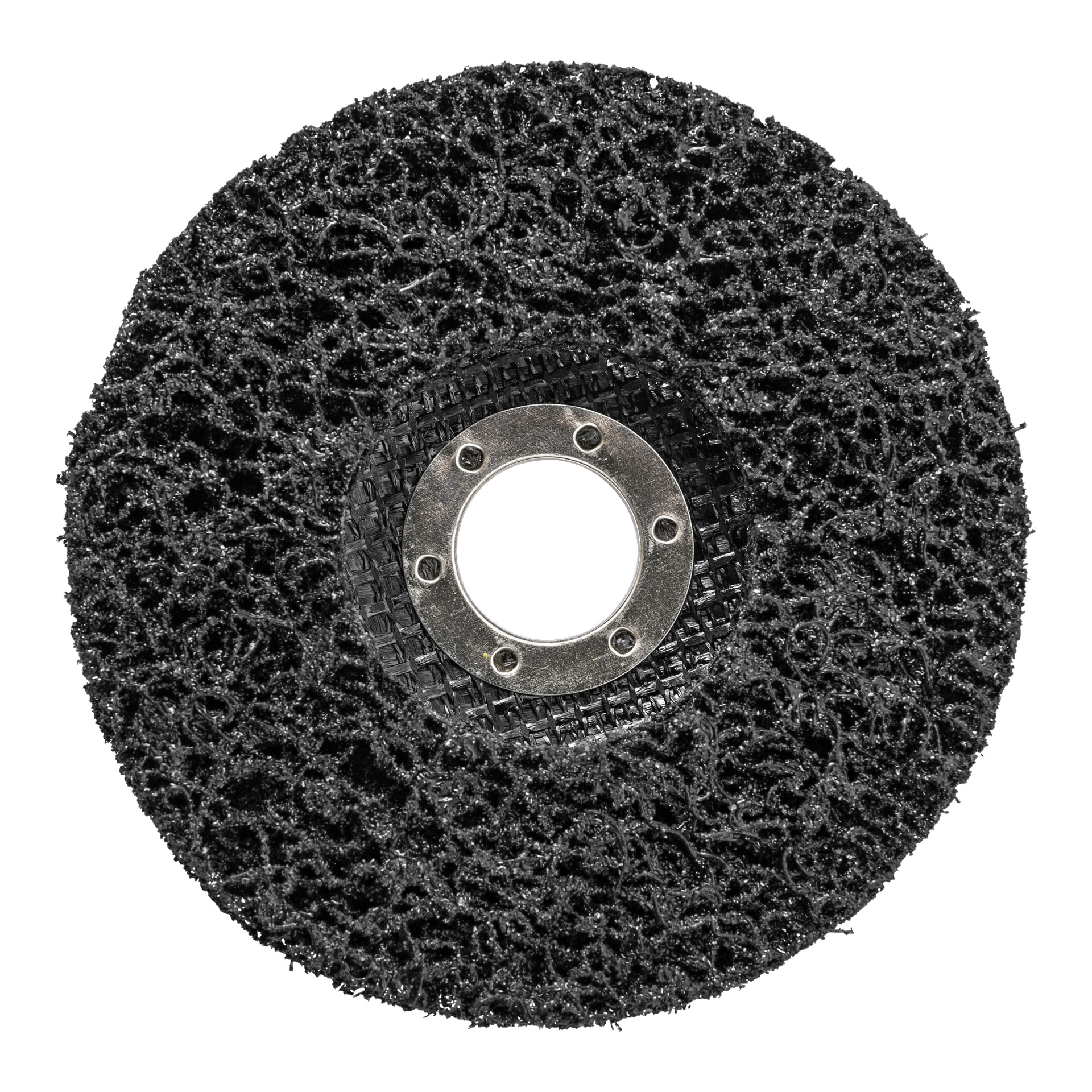 En närbild av Meec Tools Heavy Duty Cleaner-skivan framhäver dess svarta, texturerade och porösa slipyta med ett metallcentrum som har fem hål.