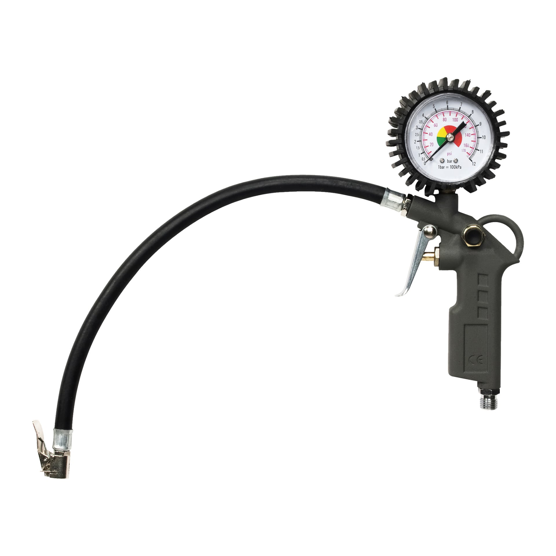 En Meec Tools luftfyllare utrustad med en svart flexibel slang, metallklämma, analog tryckmätare och ett avtryckarliknande handtag.