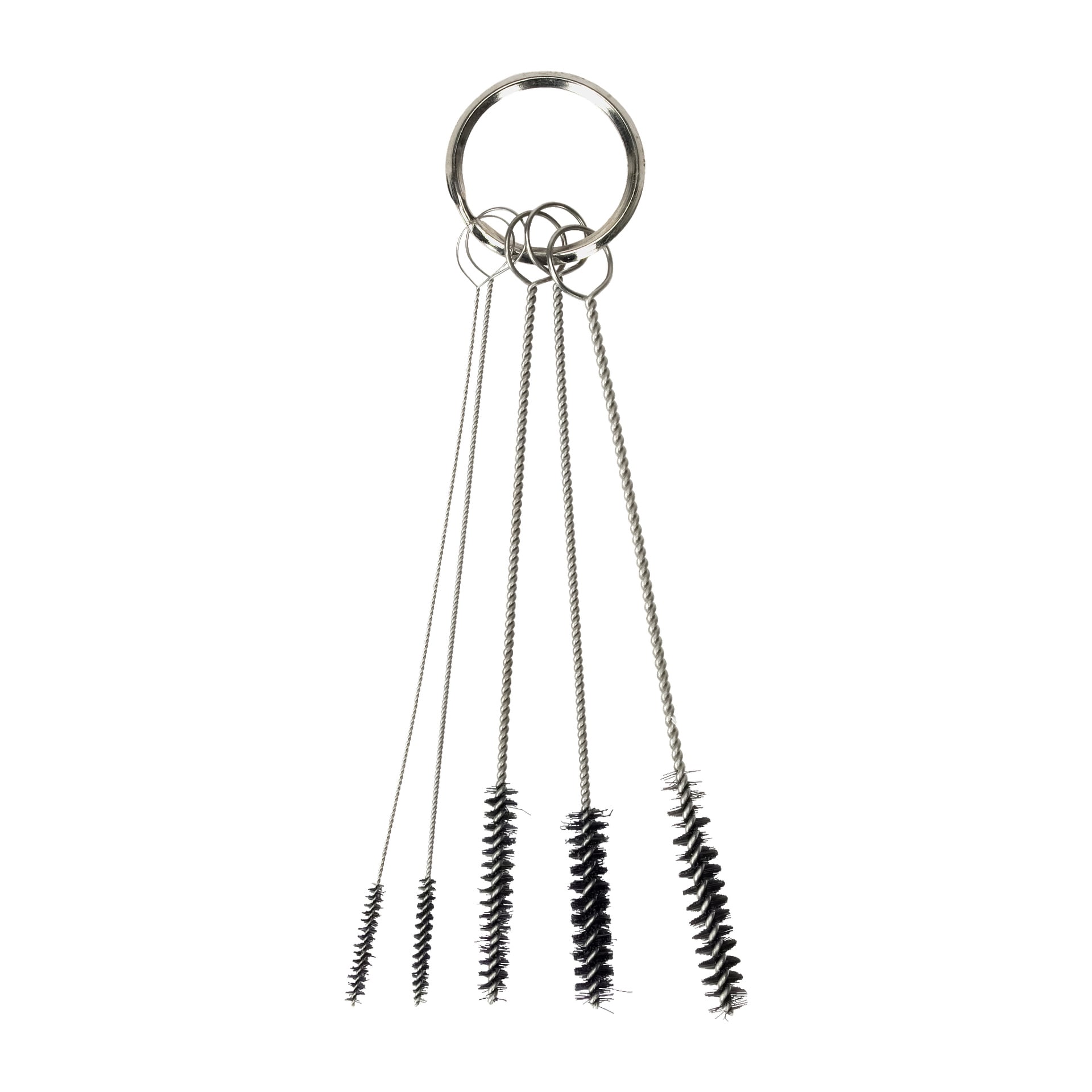 Fem rengöringsborstar från Meec Tools designade för färgmunstycken, var och en med svarta borst och vridna metallhandtag i olika tjocklek, hållna ihop på en enda metallring.