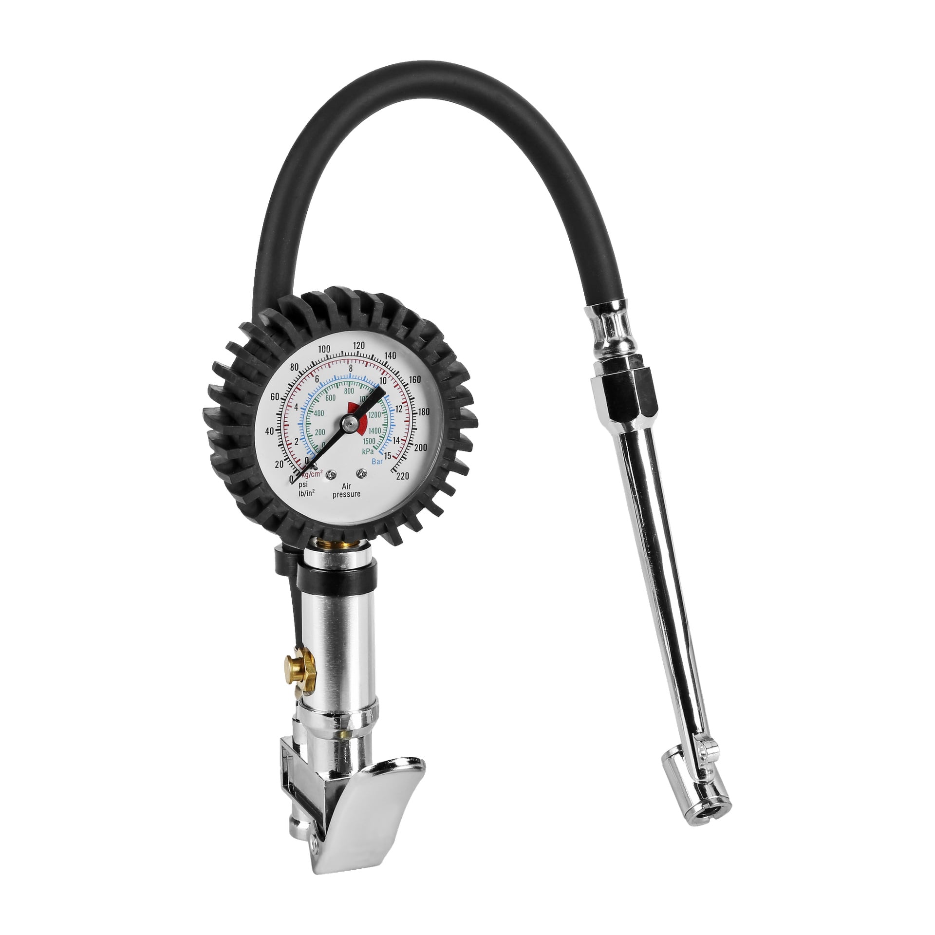 En detaljert visning av Meec Tools Tyre Inflators har en sirkulær analog måler som viser trykk i psi og kPa, sammen med en fleksibel slange koblet til en metalldyse.