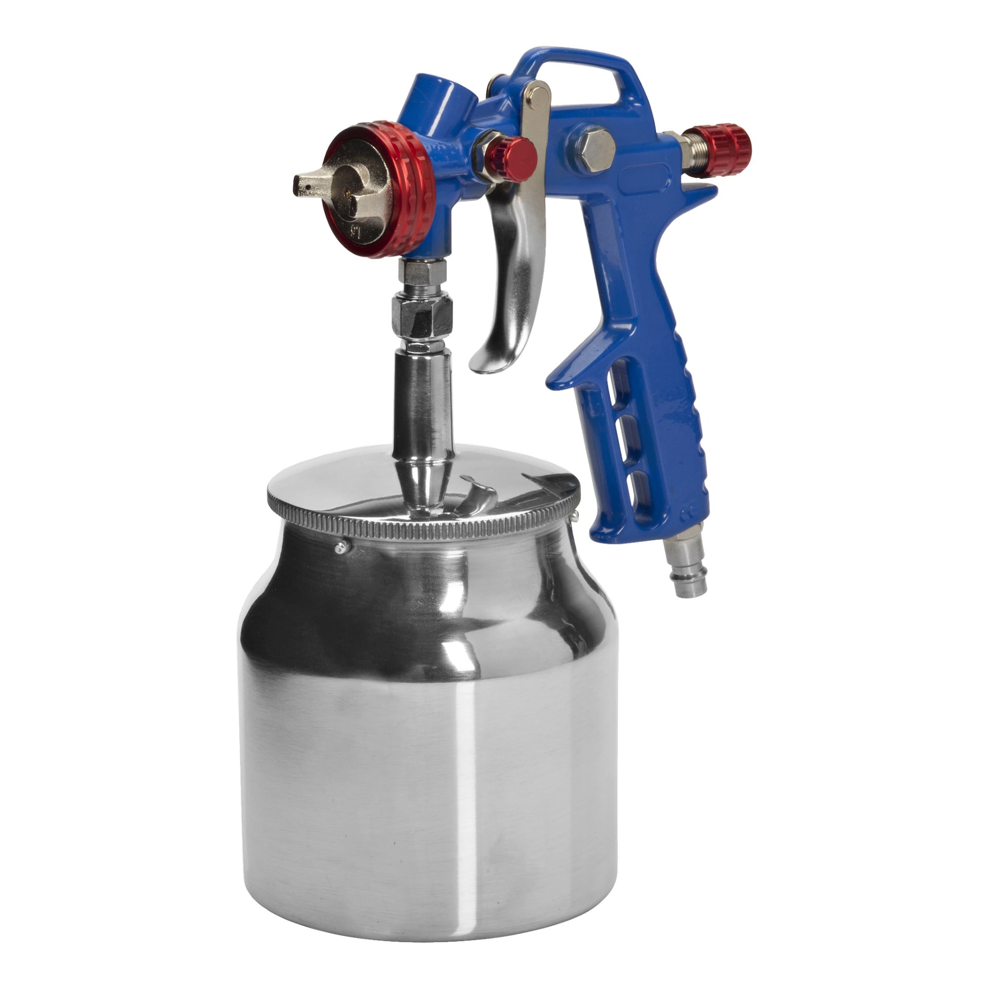 En blå og sølvfarget Meec Tools spraypistol med en metallbeholder montert under.