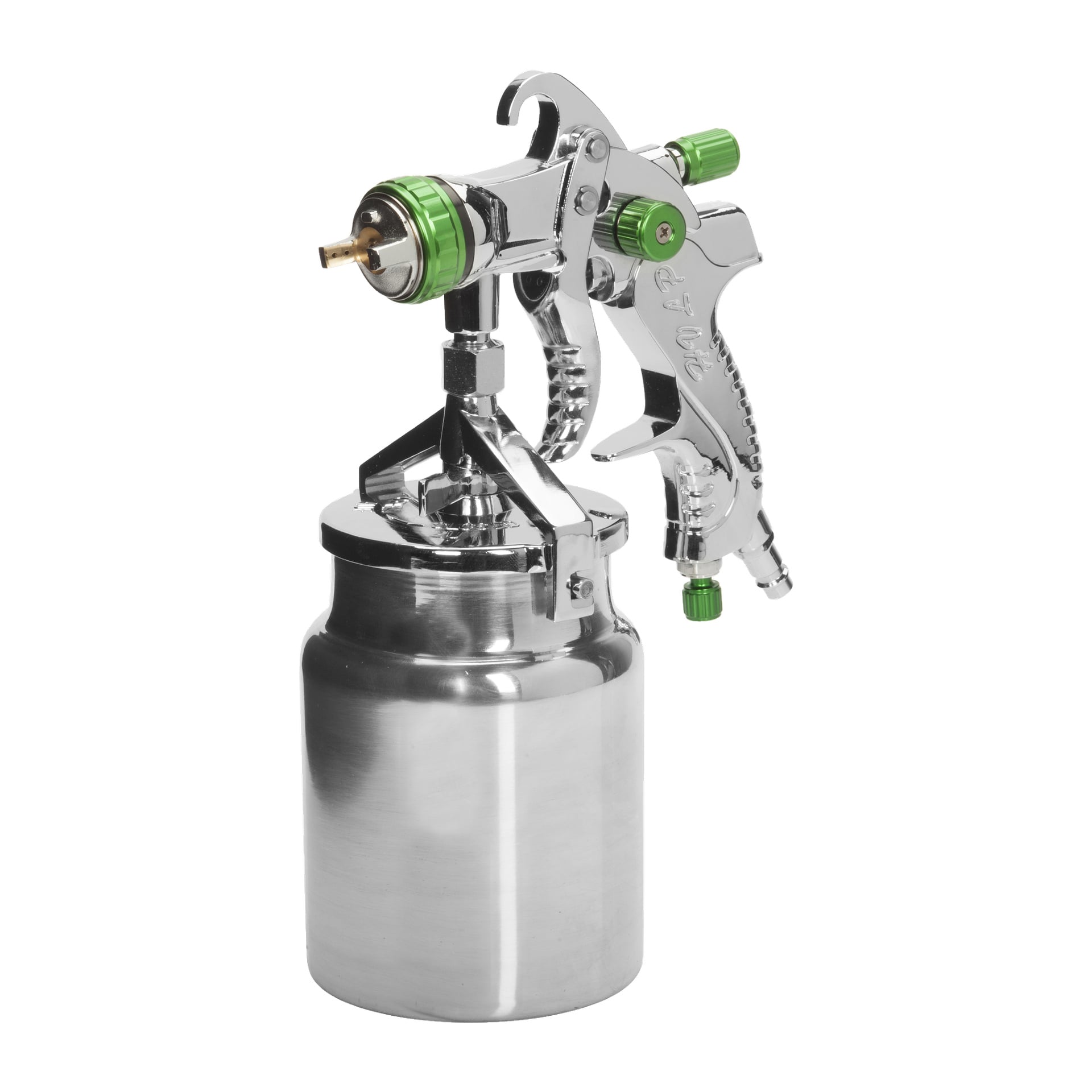 Pistolet natryskowy Meec Tools z korpusem ze stali nierdzewnej, zielonymi pokrętłami regulacyjnymi i uchwytem spustu jest przymocowany do cylindrycznego pojemnika z farbą.