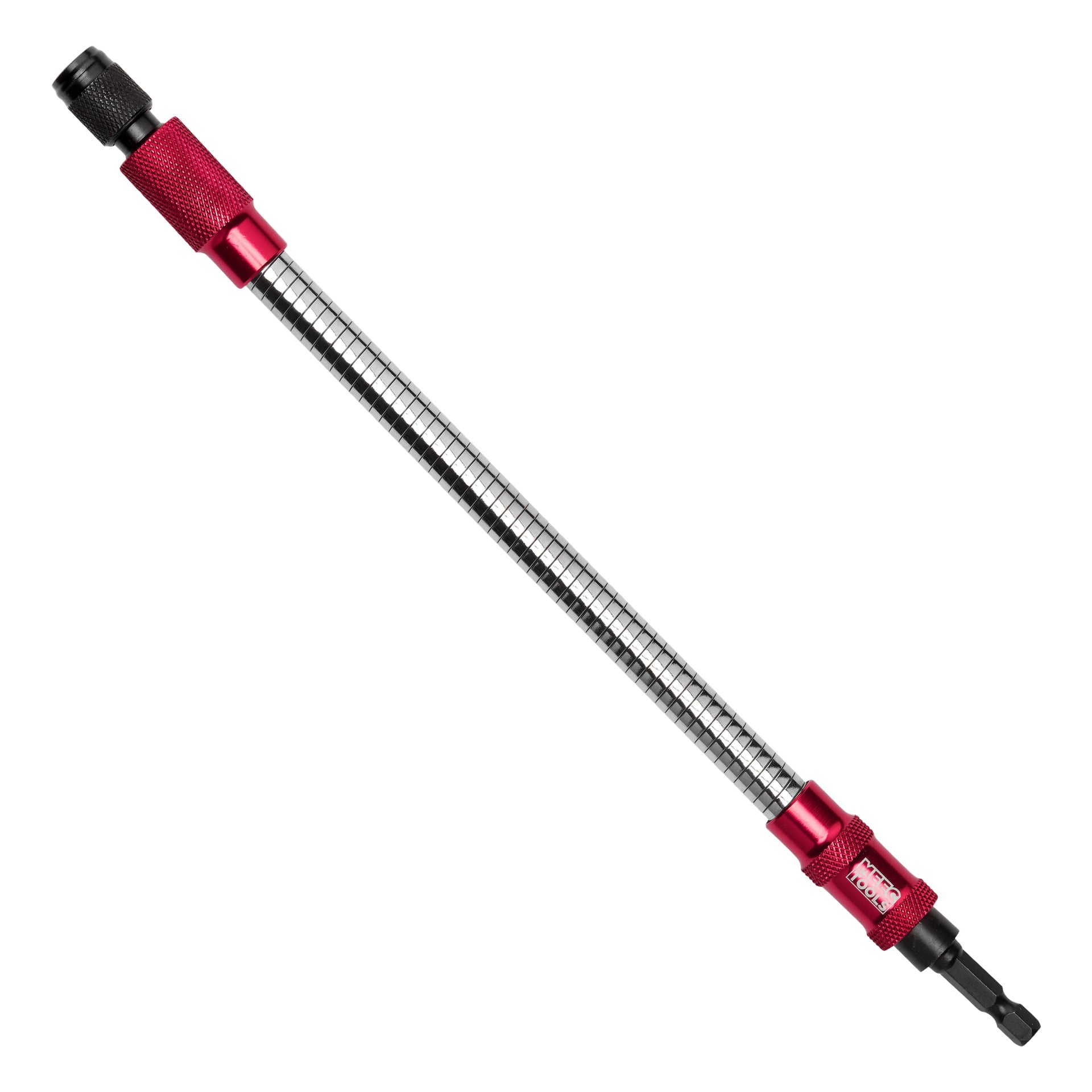 Meec Tools Bits-hållaren har ett flexibelt skaft med växlande röda och silverfärgade segment, svarta kopplingar i varje ände och texturerade röda grepp på båda sidor, utformade för att nå skruvar eller bultar i svåråtkomliga områden.