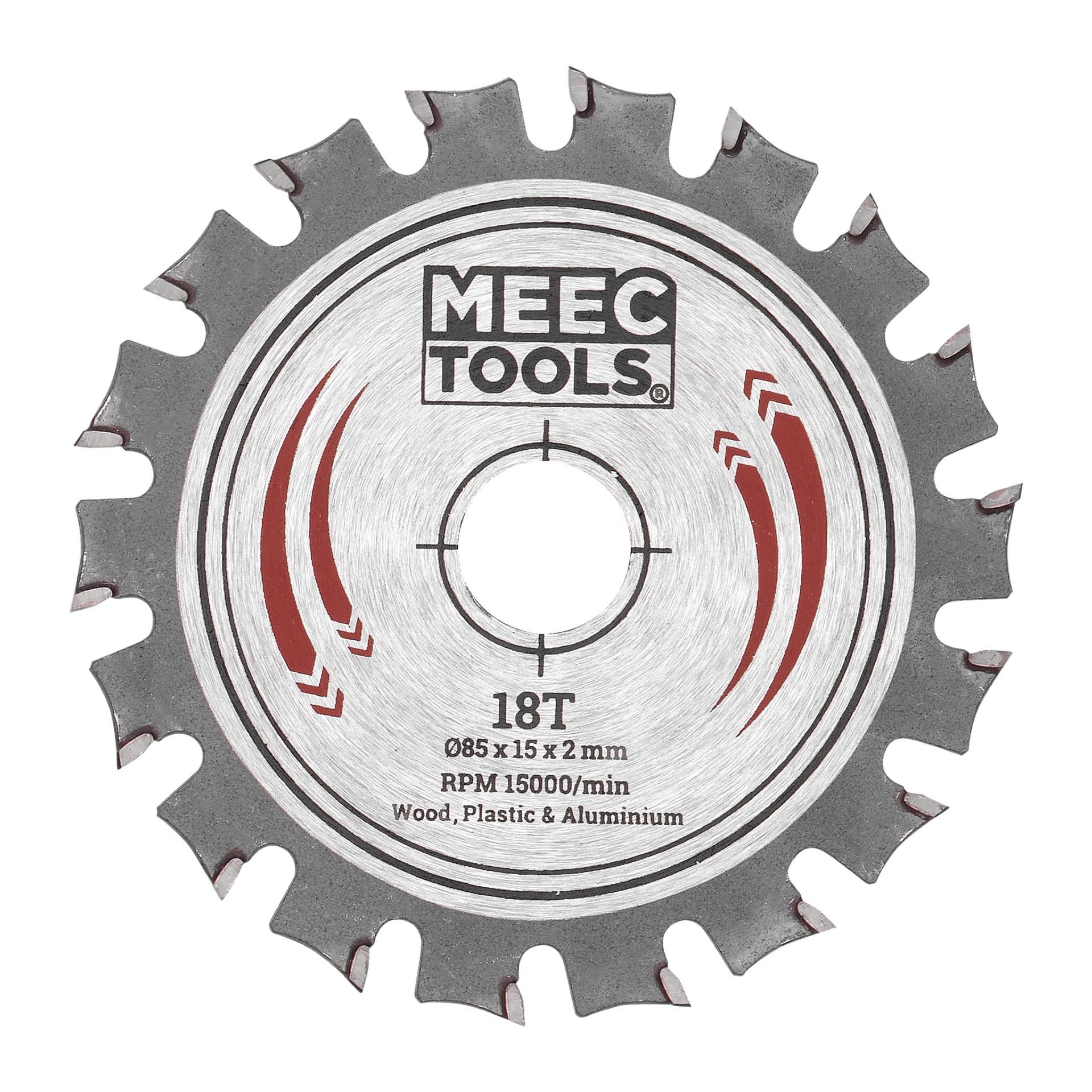 Två Meec Tools-sågblad, vardera 85 x 15 x 2 mm med 18 tänder, lämpliga för att såga trä, plast eller aluminium och godkända för hastigheter upp till 15 000 varv per minut.