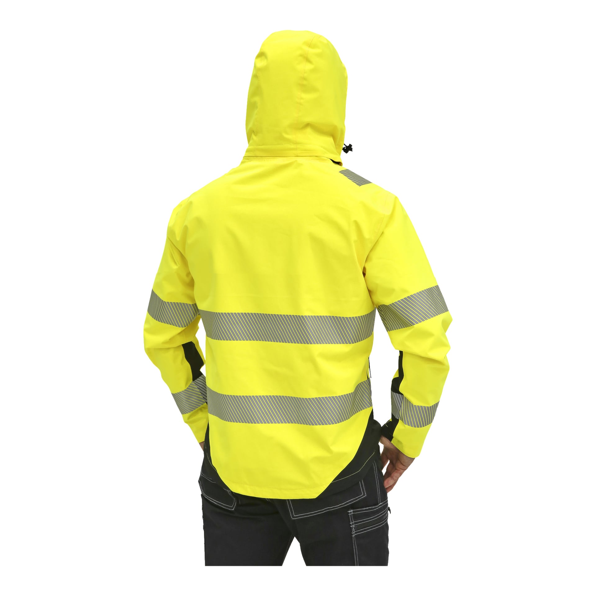 En person syns bakifrån iklädd en klargul Bluewear Hi-Vis-jacka med grå reflekterande ränder. Huvan är uppdragen och deras händer vilar på höfterna.
