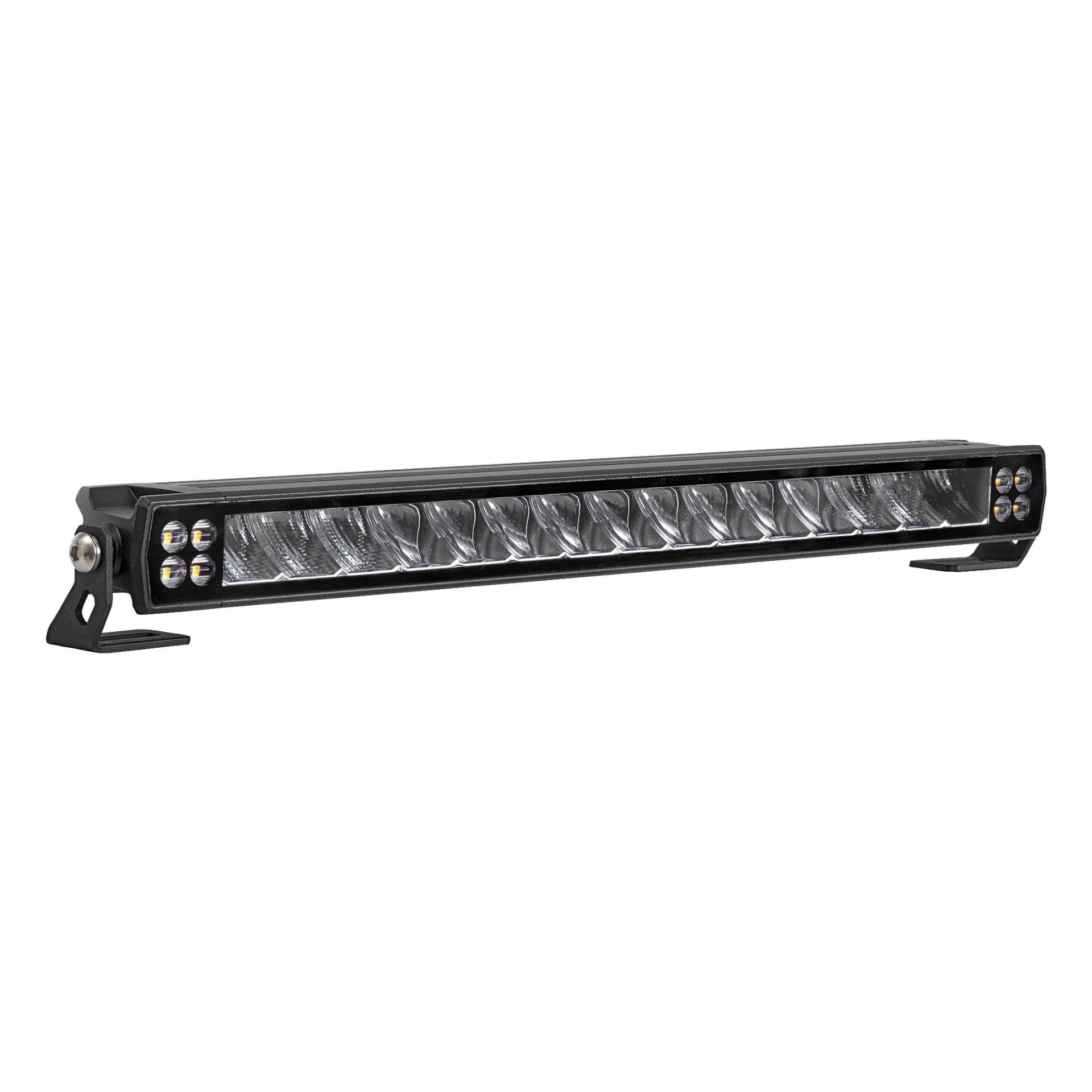 En Hamron LED-varningslampa med en slank svart rektangulär kropp, som visar 14 centrala LED-lampor i rad och två grupper om 4 mindre LED-lampor i varje ände, stödda av robusta metallfästen.